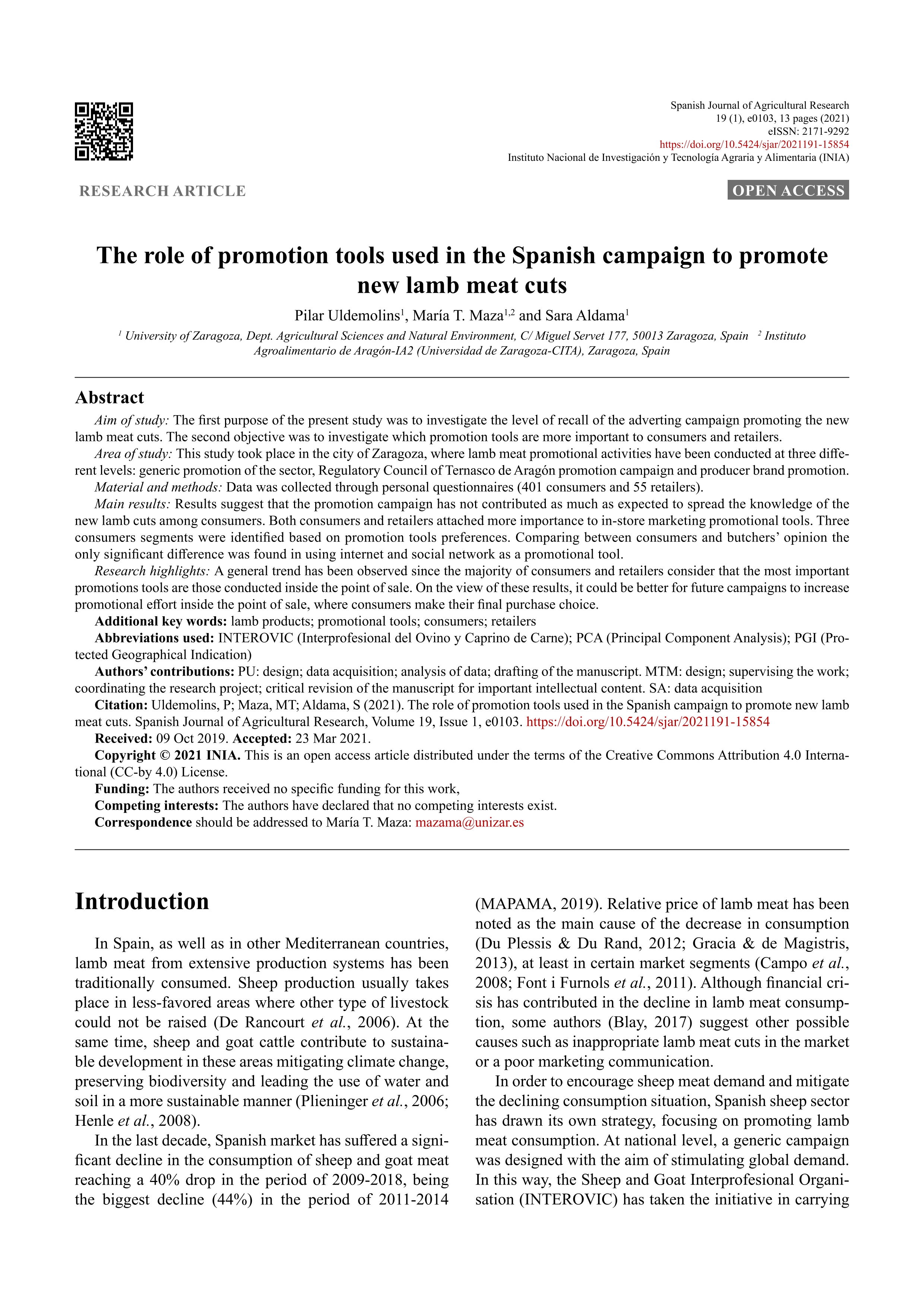 The role of promotion tools used in the Spanish campaign to promote new lamb meat cuts