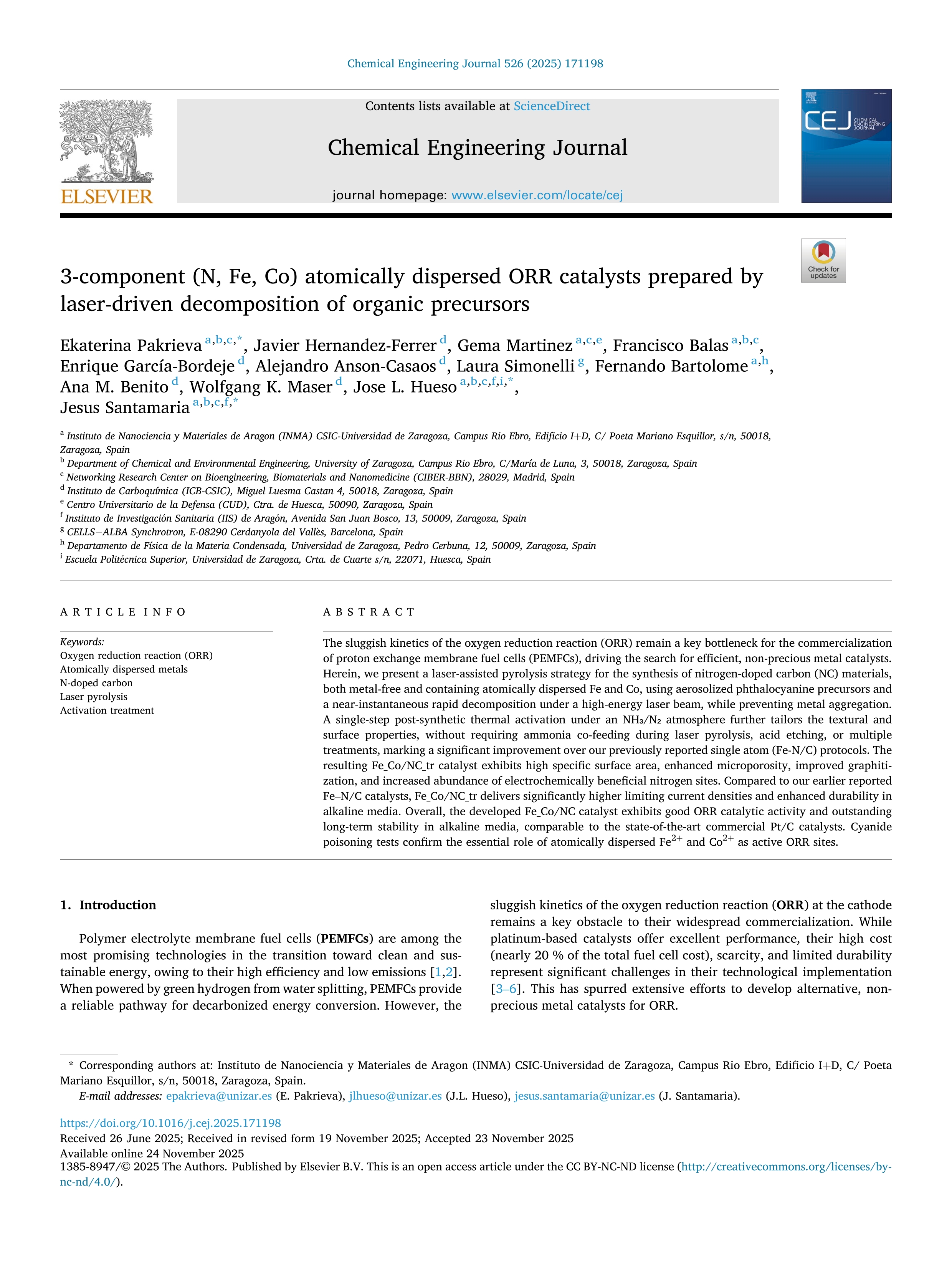 3-component (N, Fe, Co) atomically dispersed ORR catalysts prepared by laser-driven decomposition of organic precursors