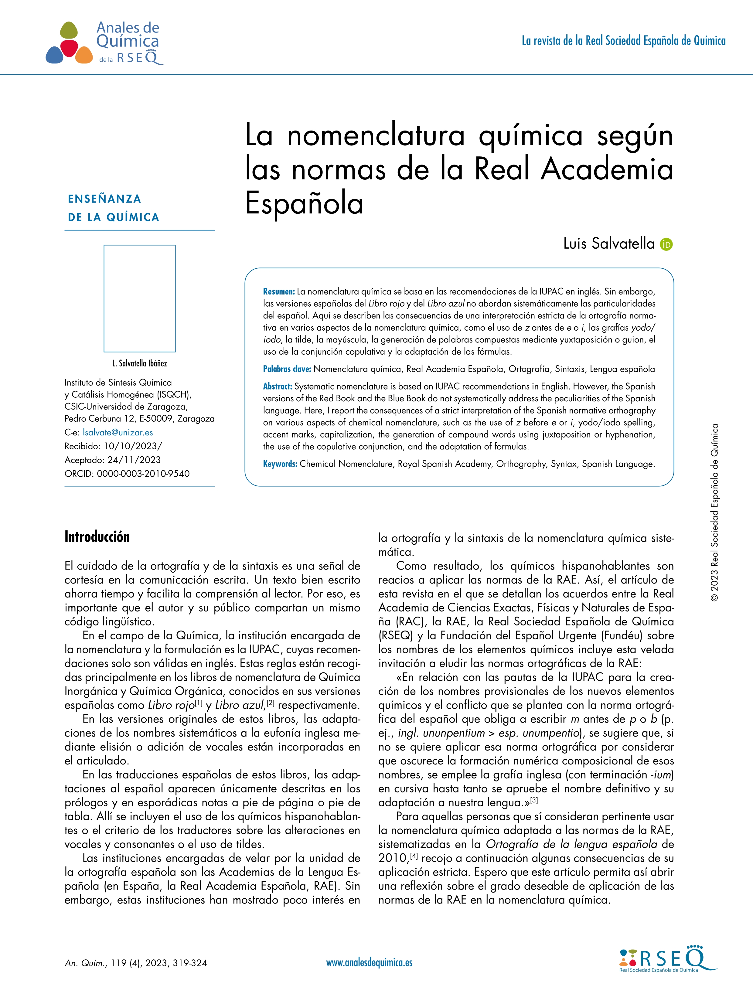 La nomenclatura química según las normas de la Real Academia Española