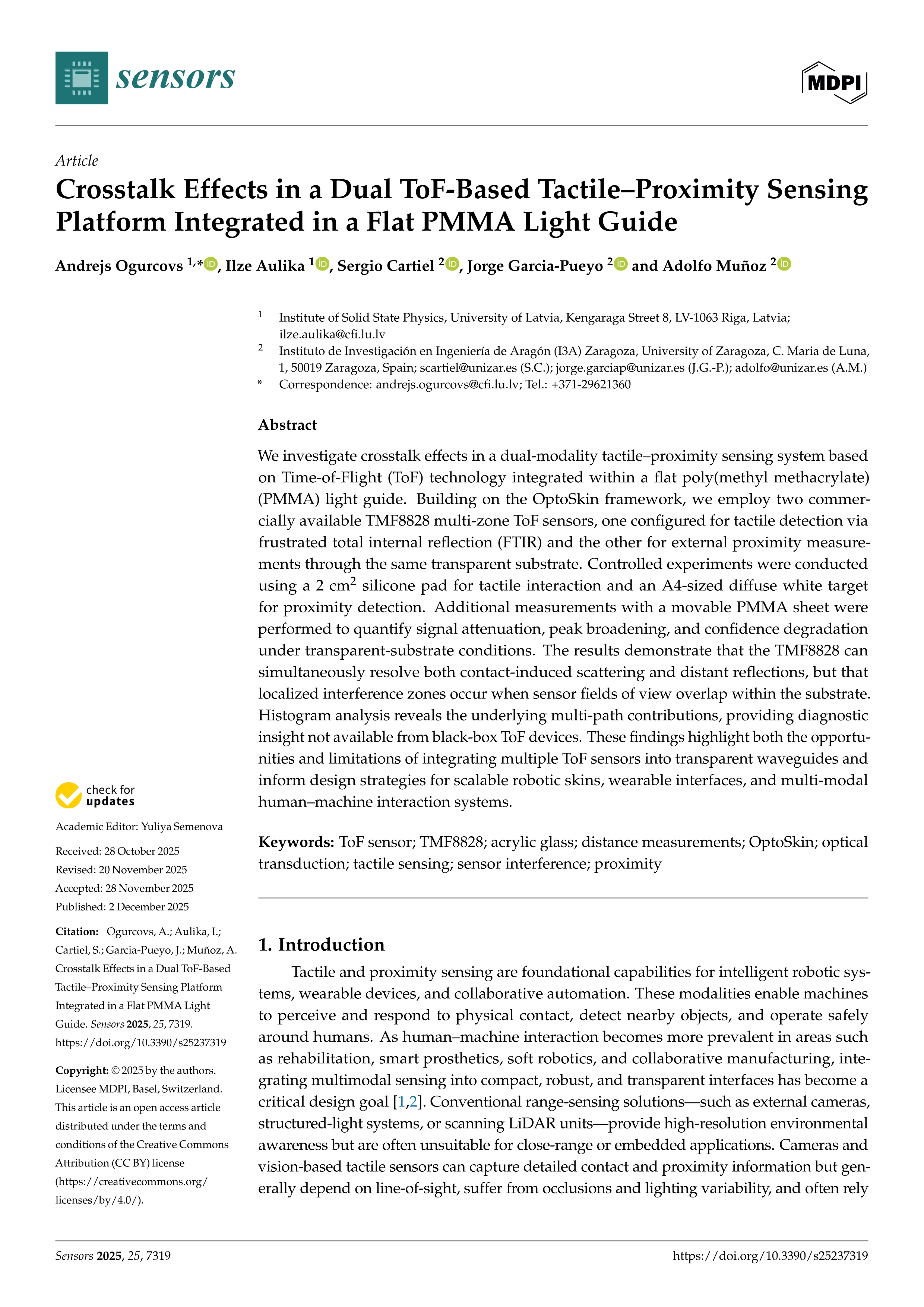 Crosstalk Effects in a Dual ToF-Based Tactile–Proximity Sensing Platform Integrated in a Flat PMMA Light Guide