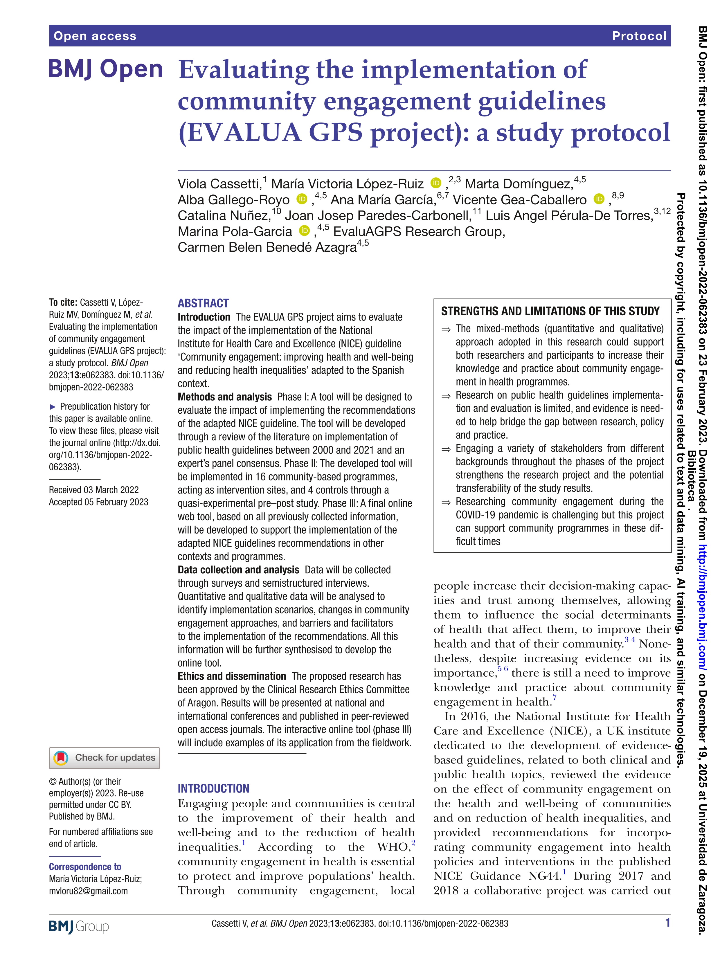 Evaluating the implementation of community engagement guidelines (EVALUA GPS project): a study protocol