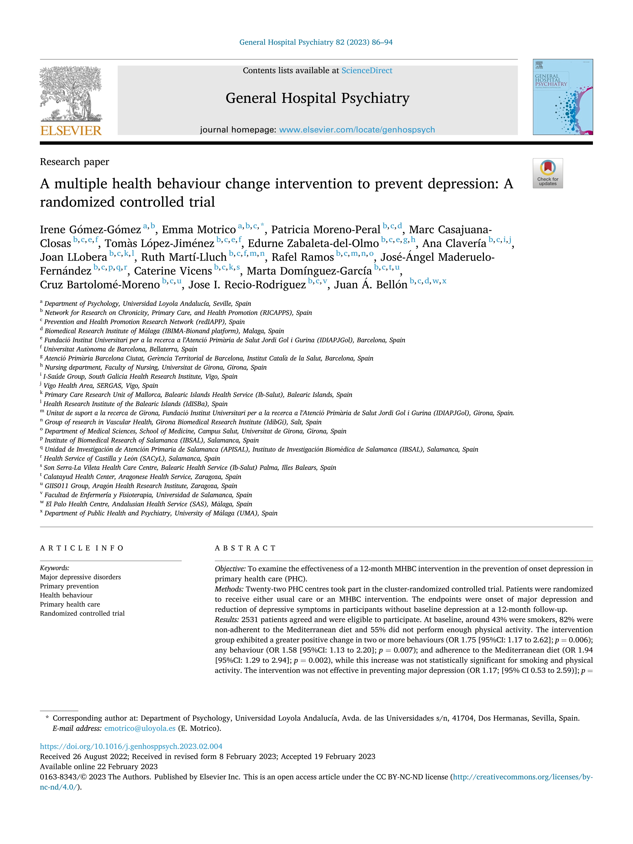 A multiple health behaviour change intervention to prevent depression: A randomized controlled trial