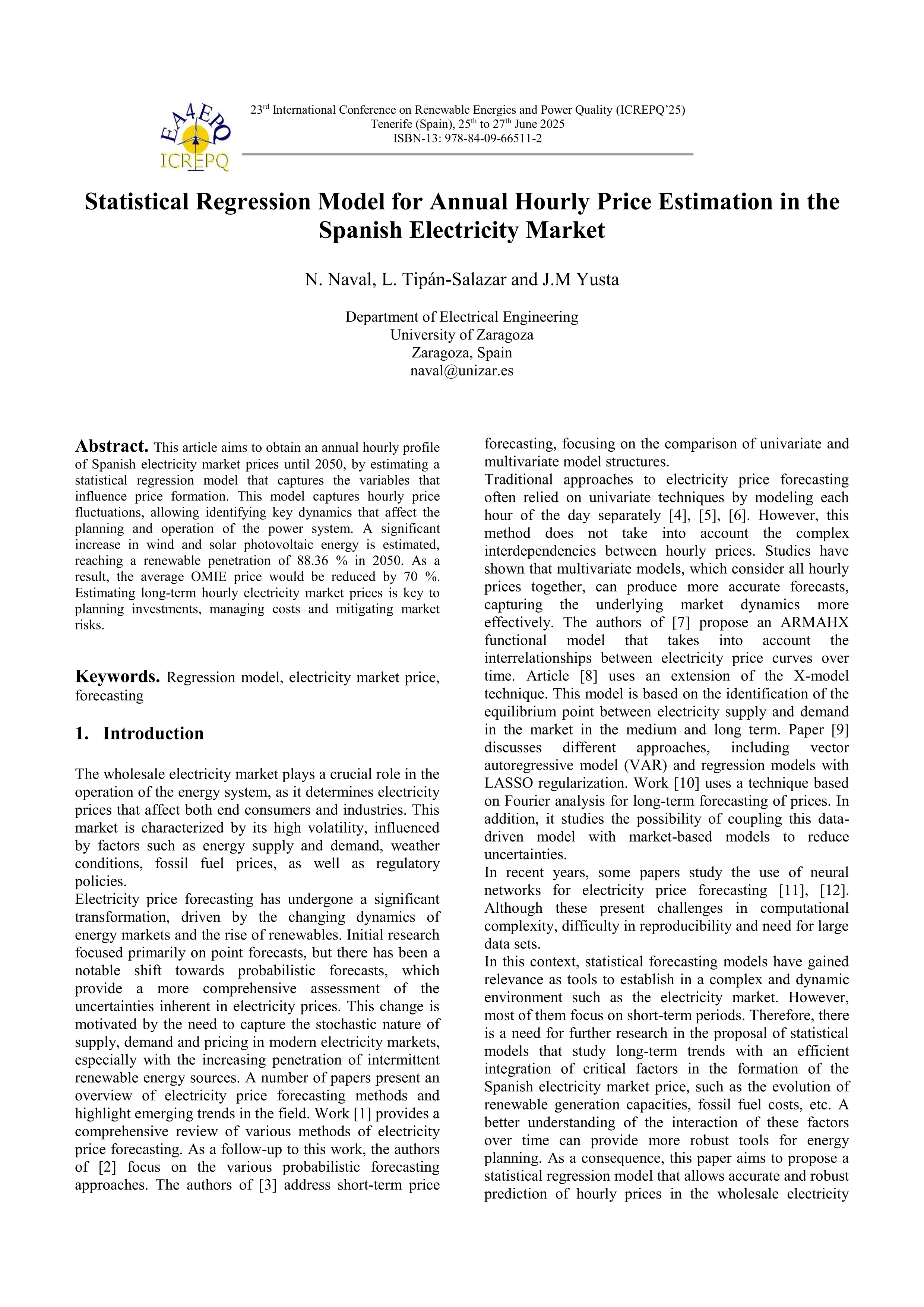 Statistical regression model for annual hourly price estimation in the spanish electricity market