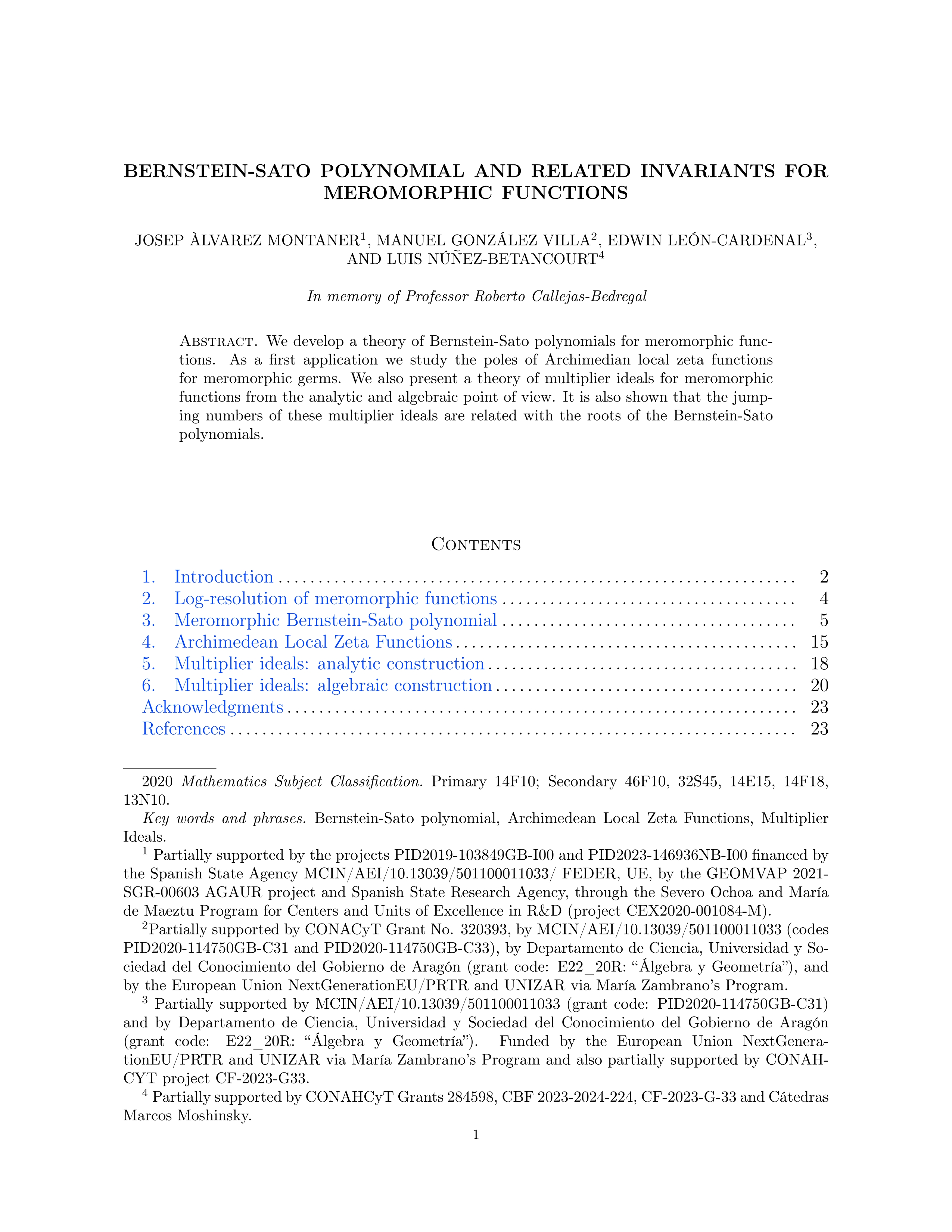 Bernstein-Sato polynomial and related invariants for meromorphic functions