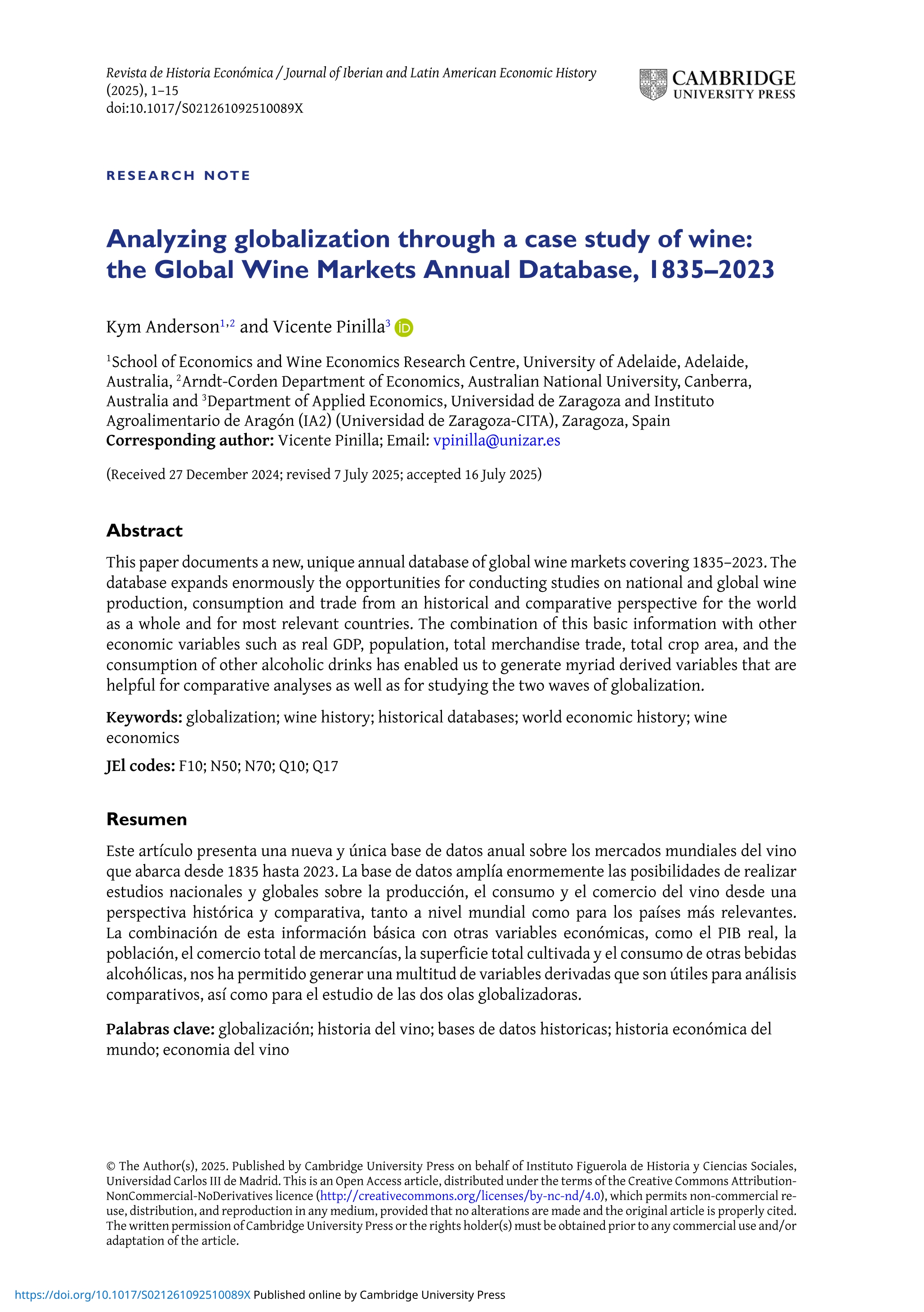 Analyzing globalization through a case study of wine: the Global Wine Markets Annual Database, 1835–2023
