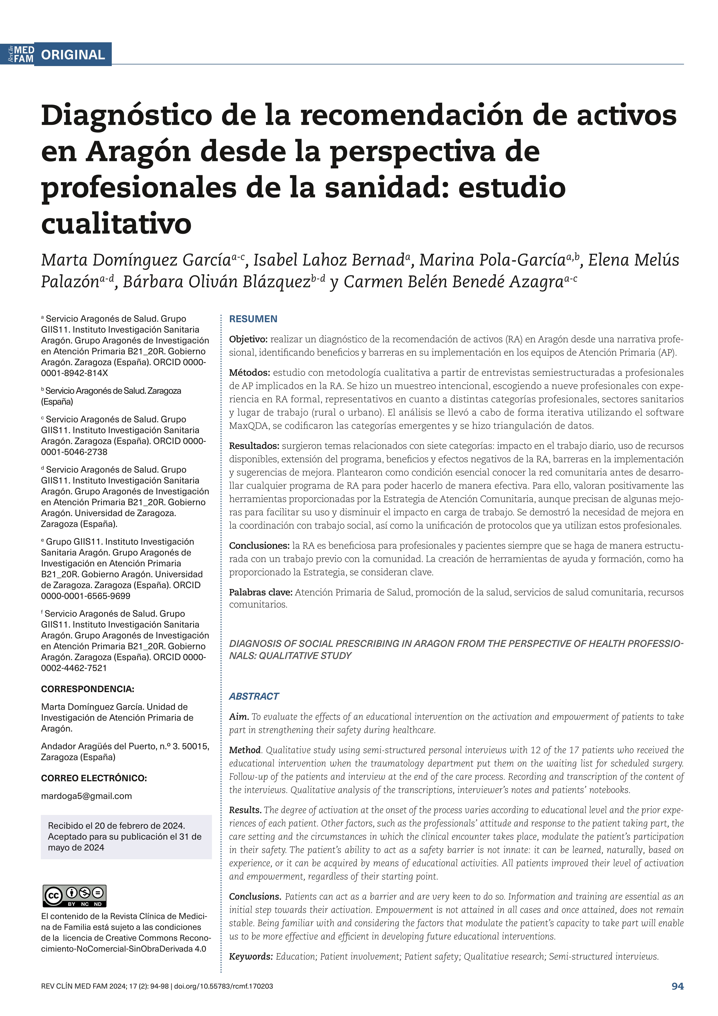 Diagnóstico de la recomendación de activos en Aragón desde la perspectiva de los profesionales sanitarios: estudio cualitativo