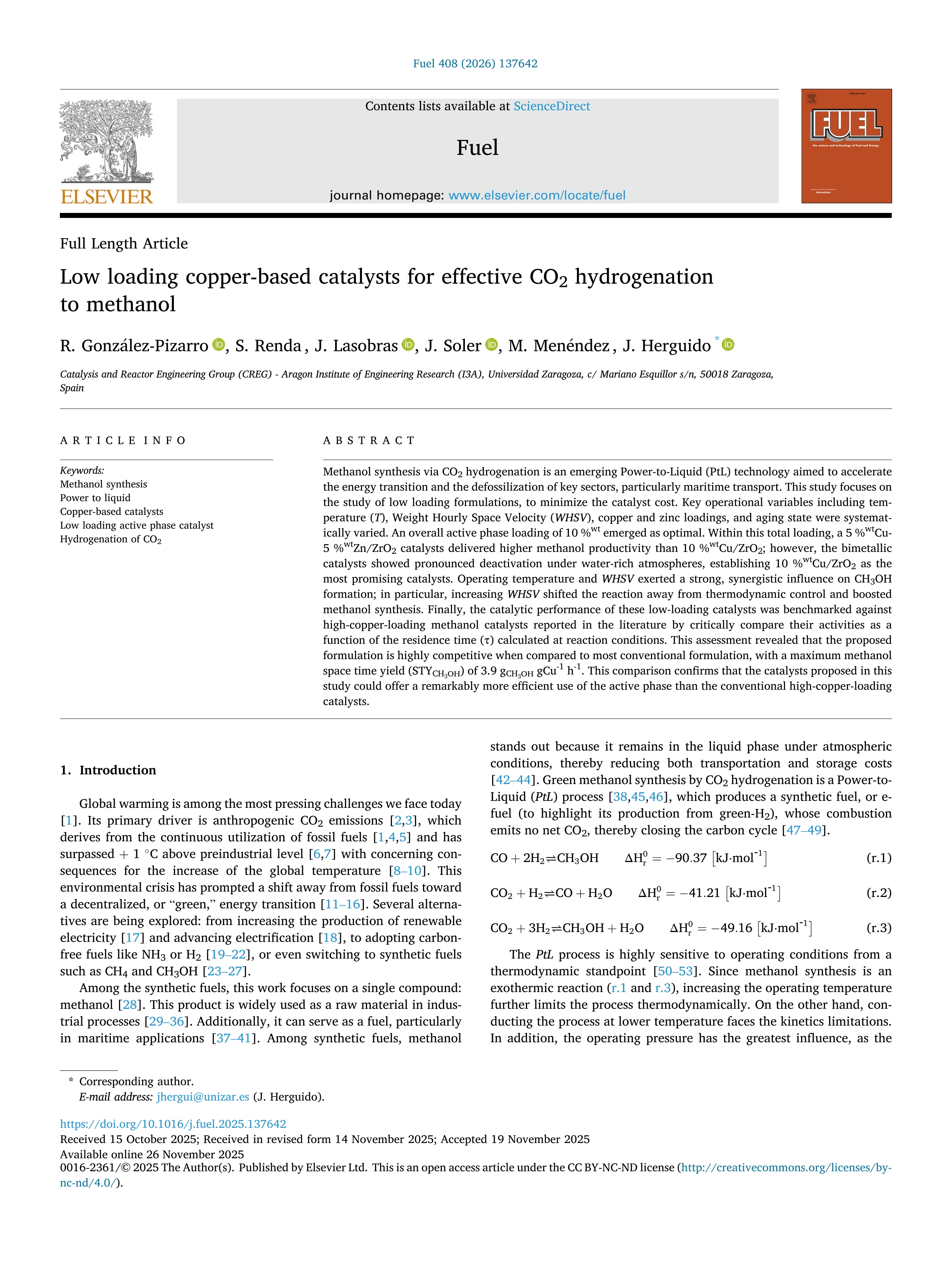 Low loading copper-based catalysts for effective CO2 hydrogenation to methanol