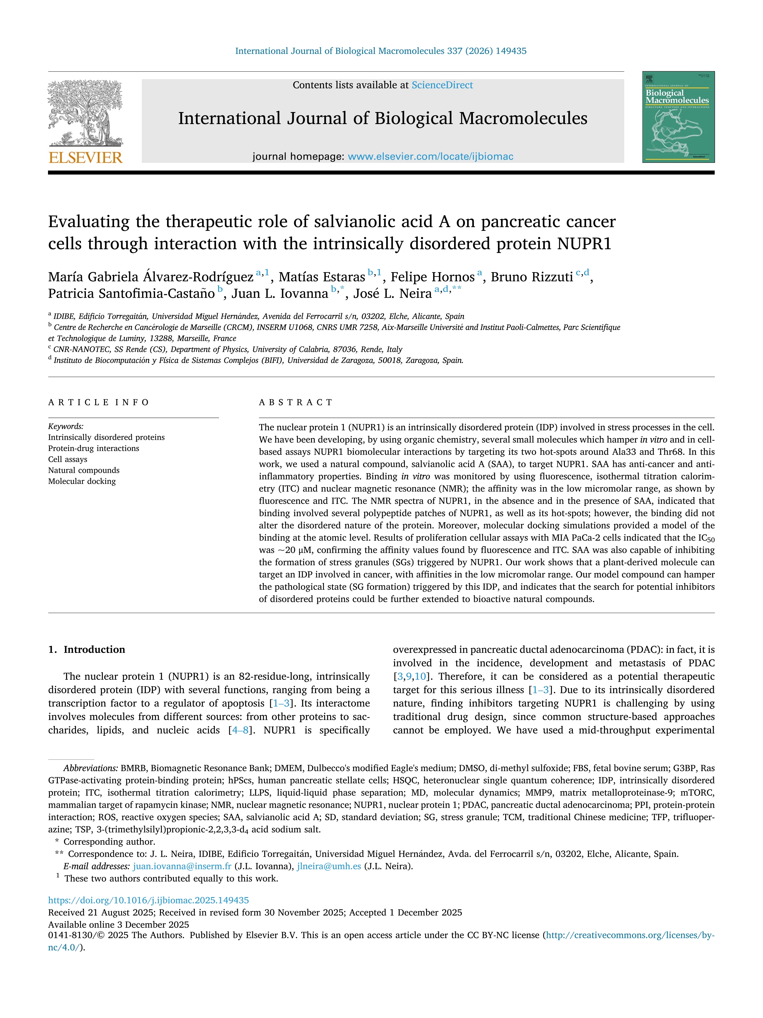 Evaluating the therapeutic role of salvianolic acid A on pancreatic cancer cells through interaction with the intrinsically disordered protein NUPR1