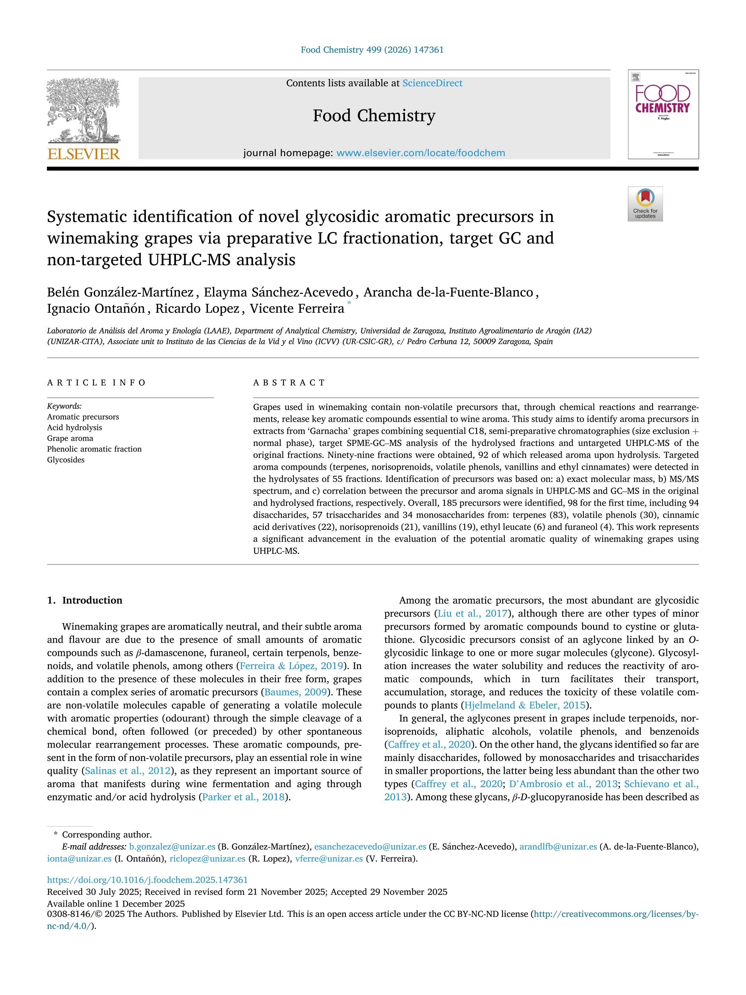 Systematic identification of novel glycosidic aromatic precursors in winemaking grapes via preparative LC fractionation, target GC and non-targeted UHPLC-MS analysis