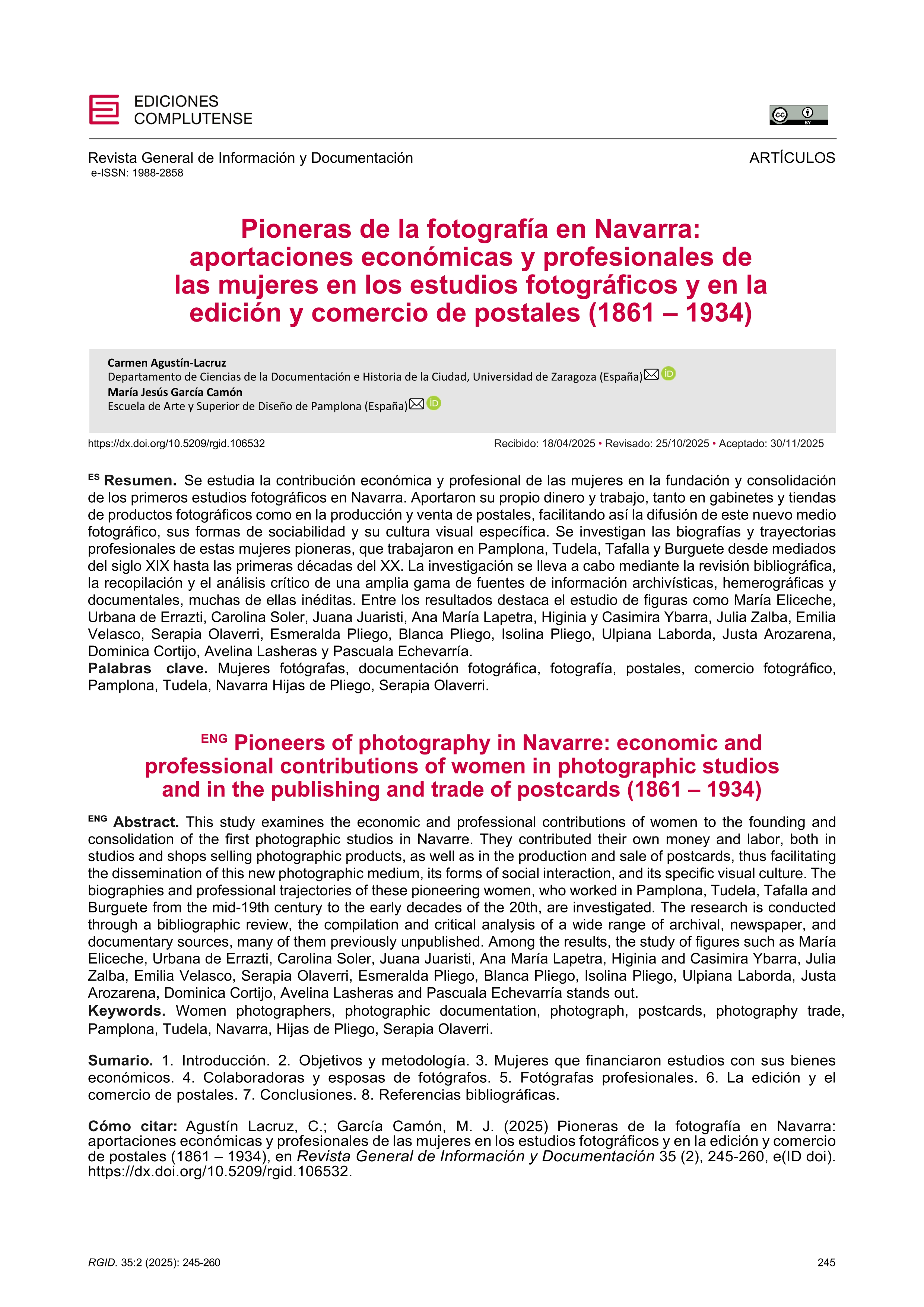 Pioneras de la fotografía en Navarra: aportaciones económicas y profesionales de las mujeres en los estudios fotográficos y en la edición y comercio de postales (1861 – 1934)
