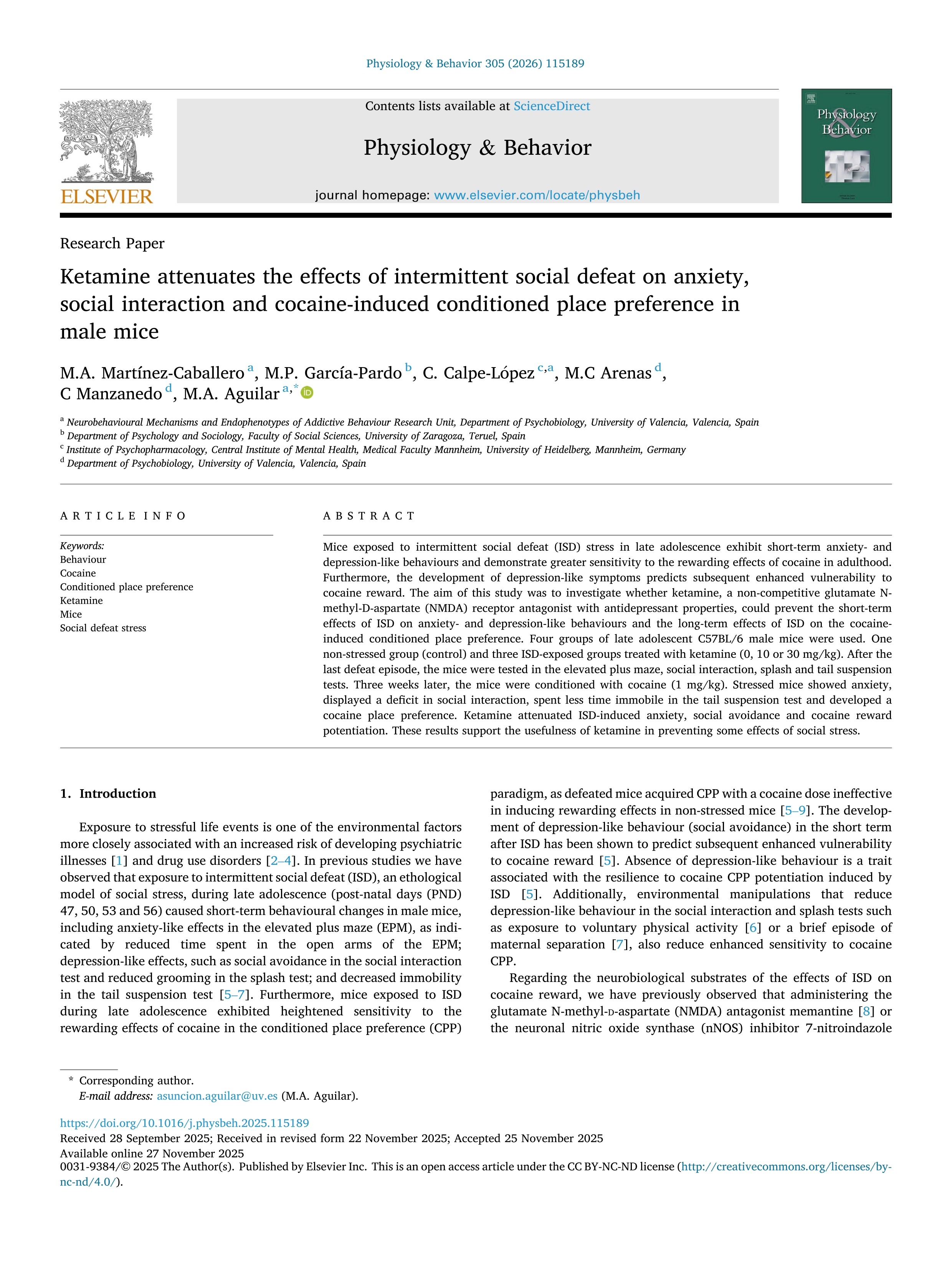 Ketamine attenuates the effects of intermittent social defeat on anxiety, social interaction and cocaine-induced conditioned place preference in male mice