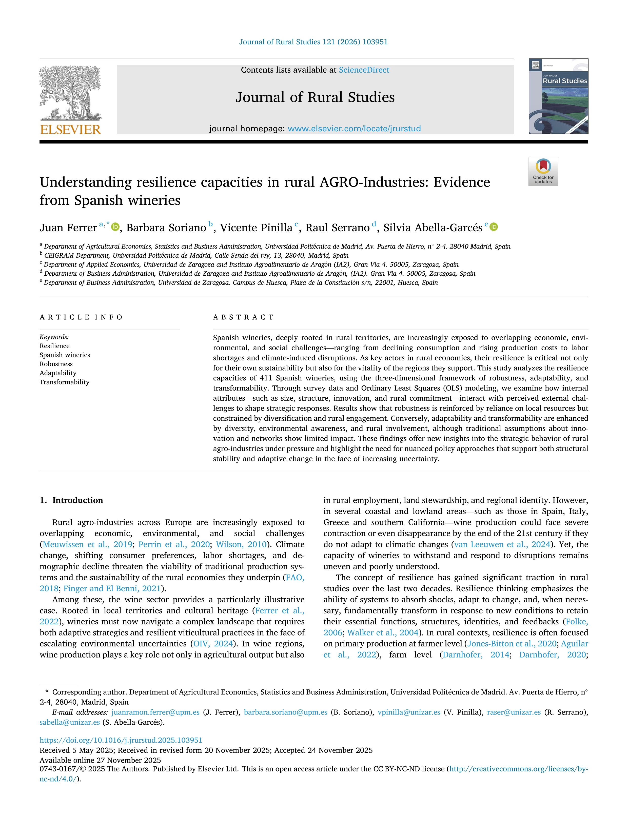 Understanding resilience capacities in rural AGRO-Industries: Evidence from Spanish wineries