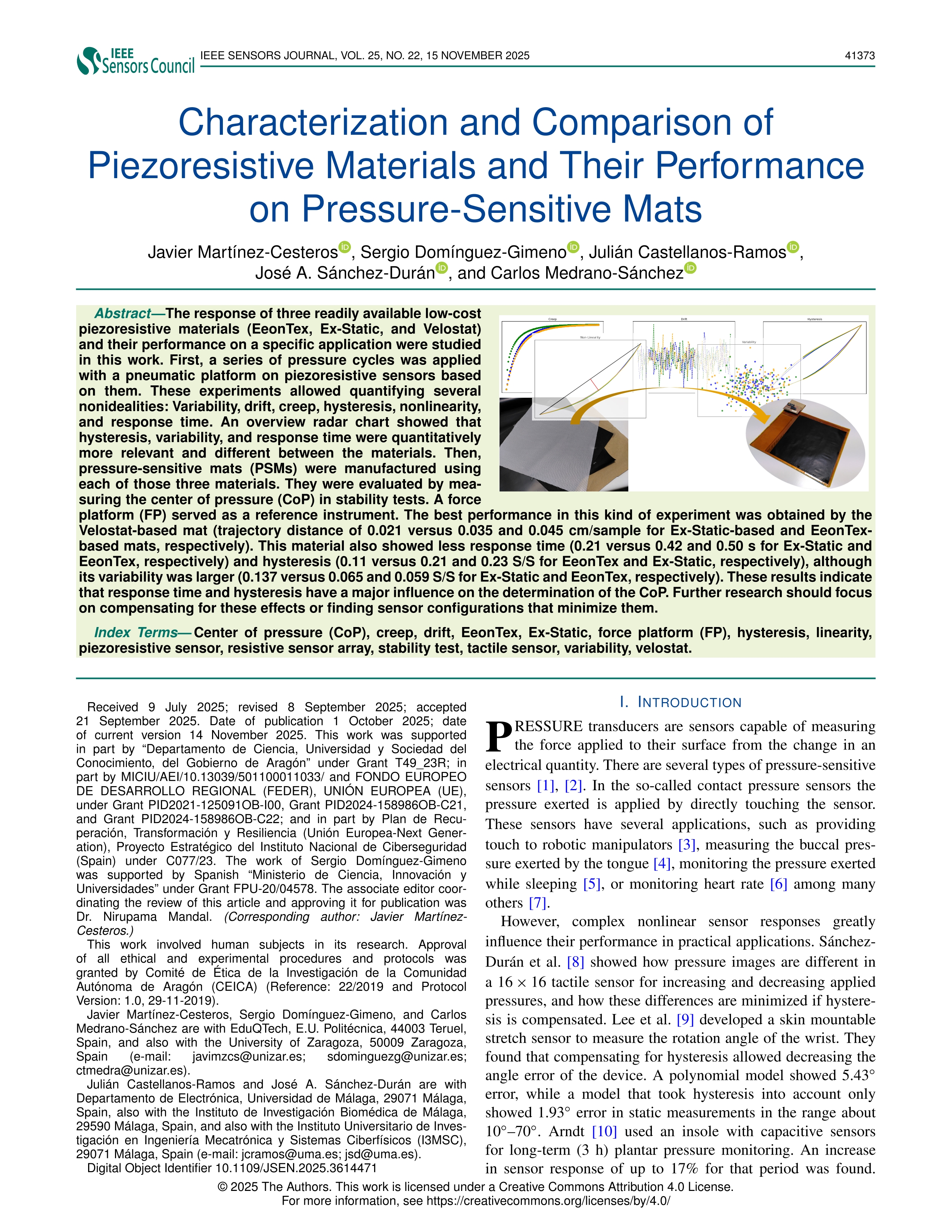 Characterization and Comparison of Piezoresistive Materials and Their Performance on Pressure-Sensitive Mats