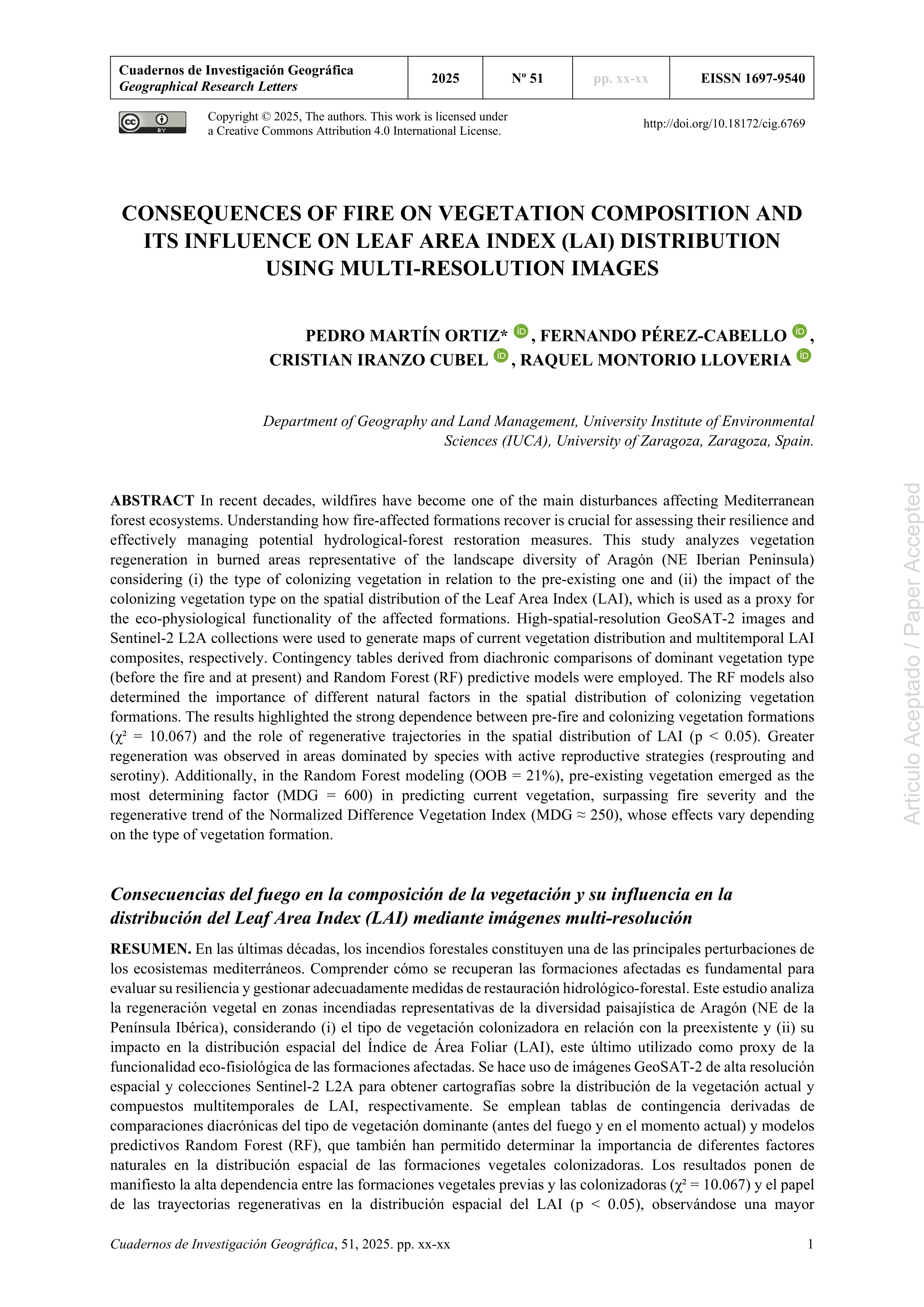 Consequences of fire on vegetation composition and its influence on Leaf Area Index (LAI) distribution using multi-resolution images