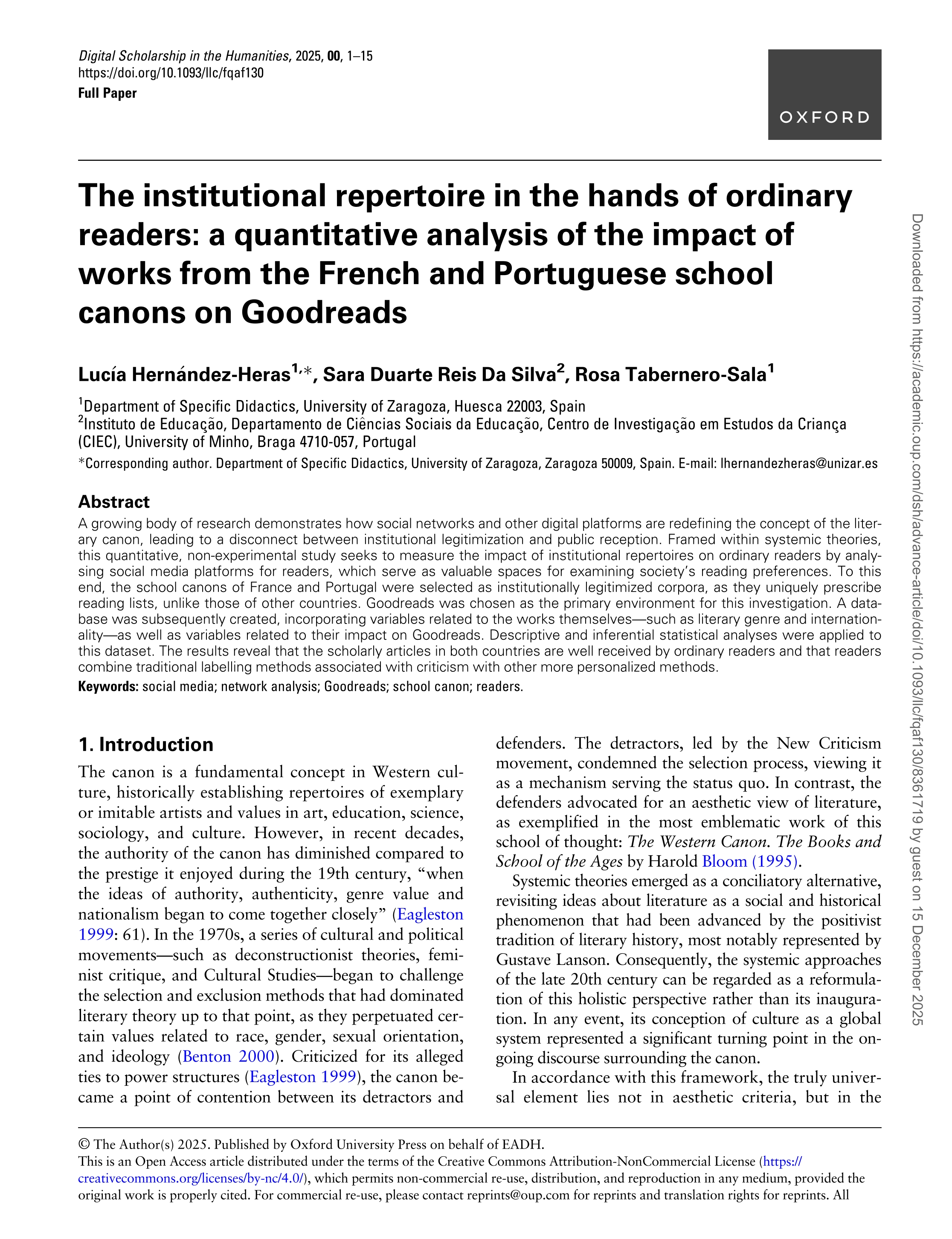The institutional repertoire in the hands of ordinary readers: a quantitative analysis of the impact of works from the French and Portuguese school canons on Goodreads