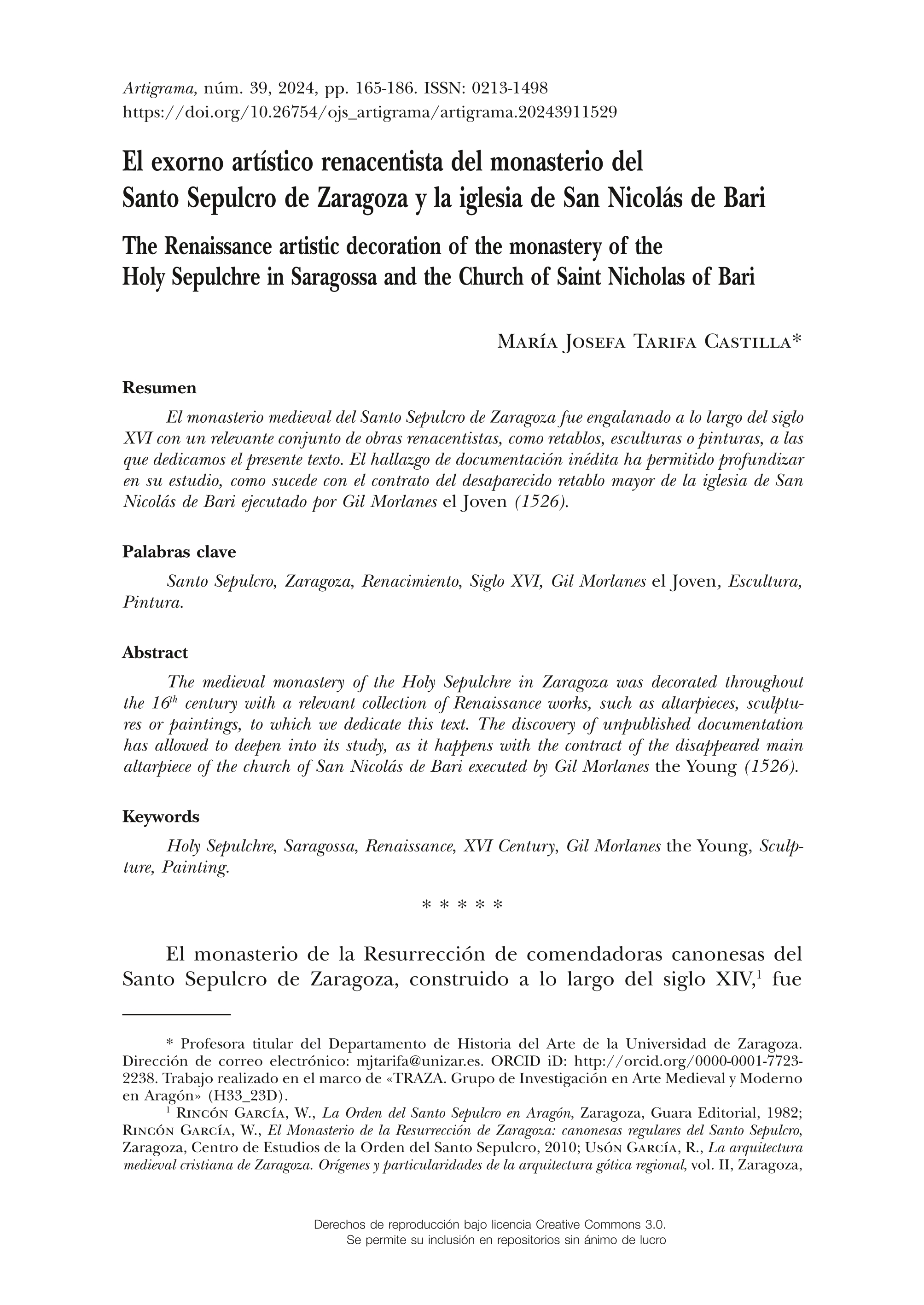 El exorno artístico renacentista del monasterio del Santo Sepulcro de Zaragoza y la iglesia de San Nicolás de Bari