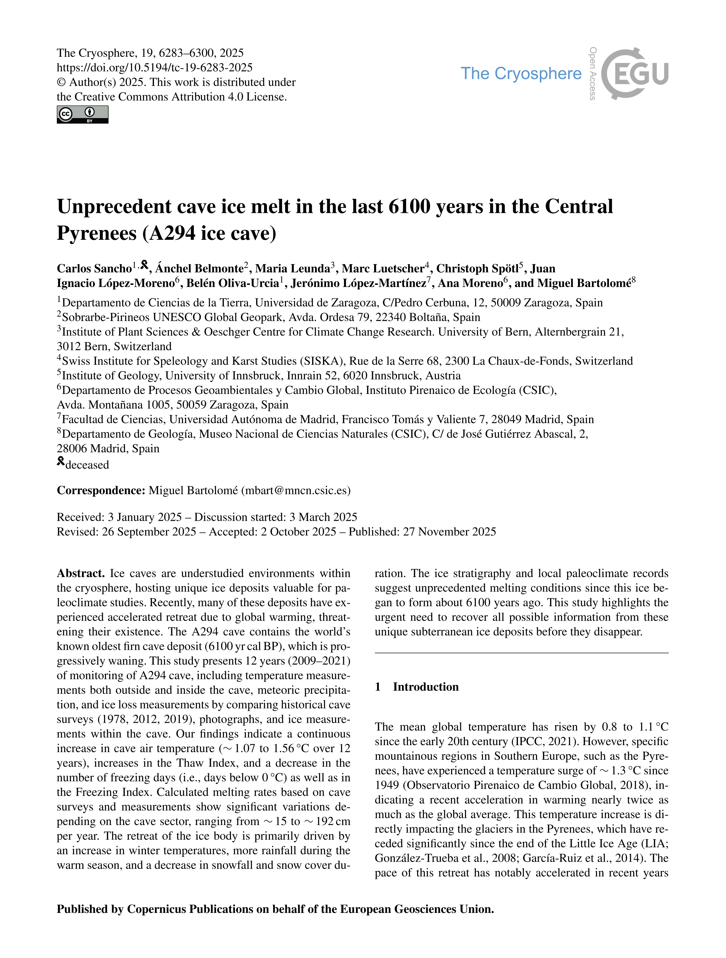 Unprecedent cave ice melt in the last 6100 years in the Central Pyrenees (A294 ice cave)