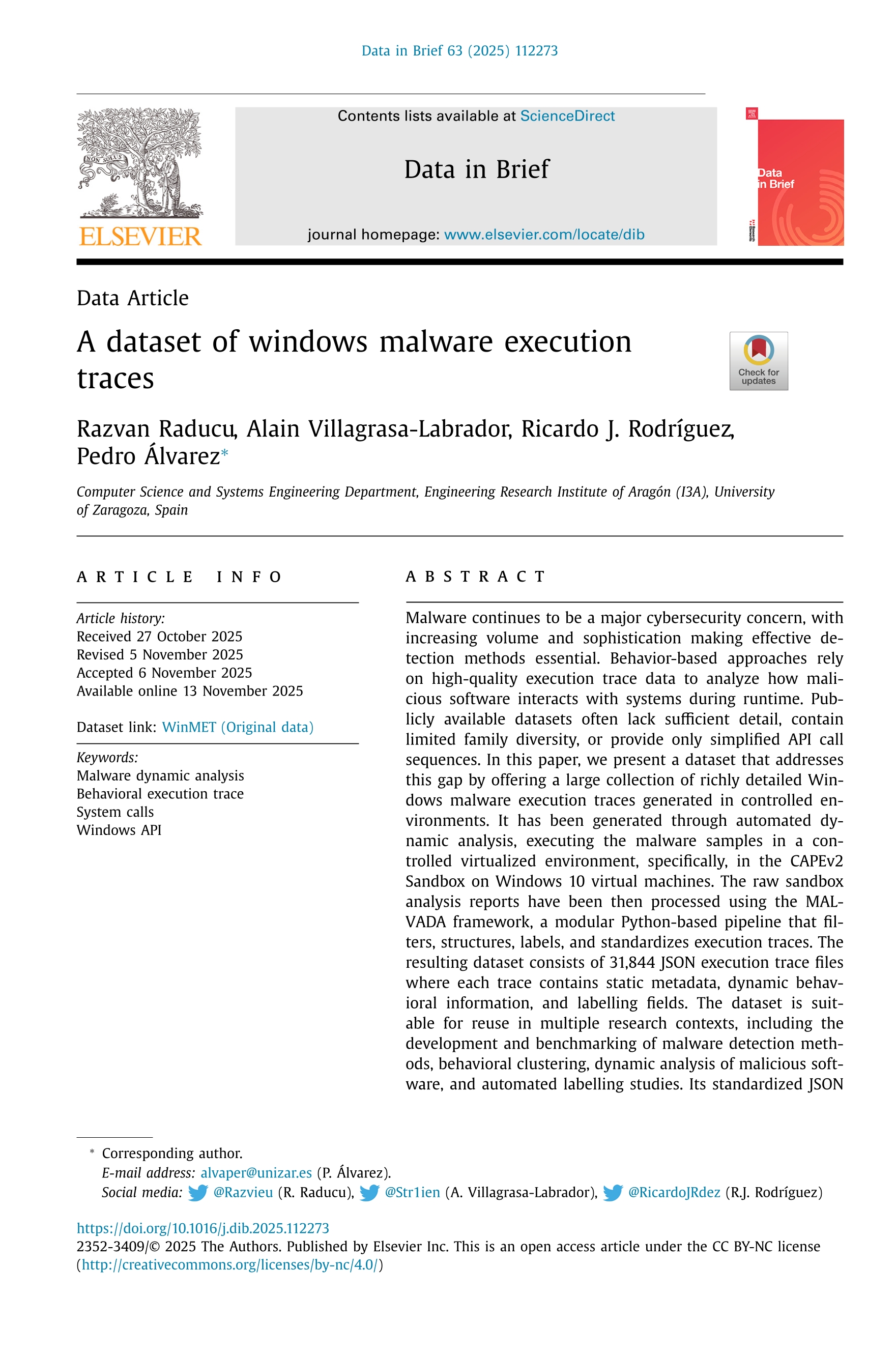 A dataset of windows malware execution traces