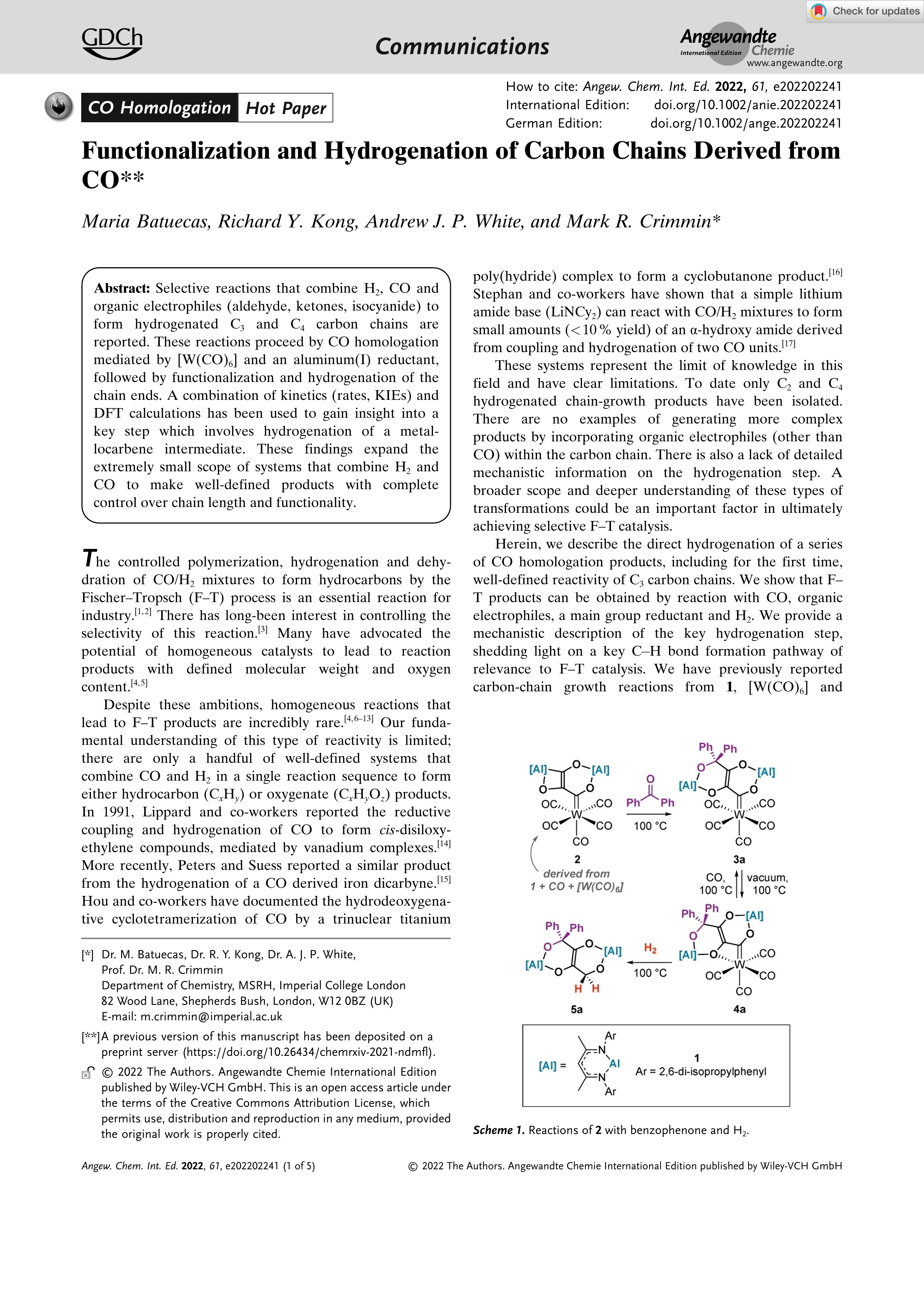 Functionalization and Hydrogenation of Carbon Chains Derived from CO**