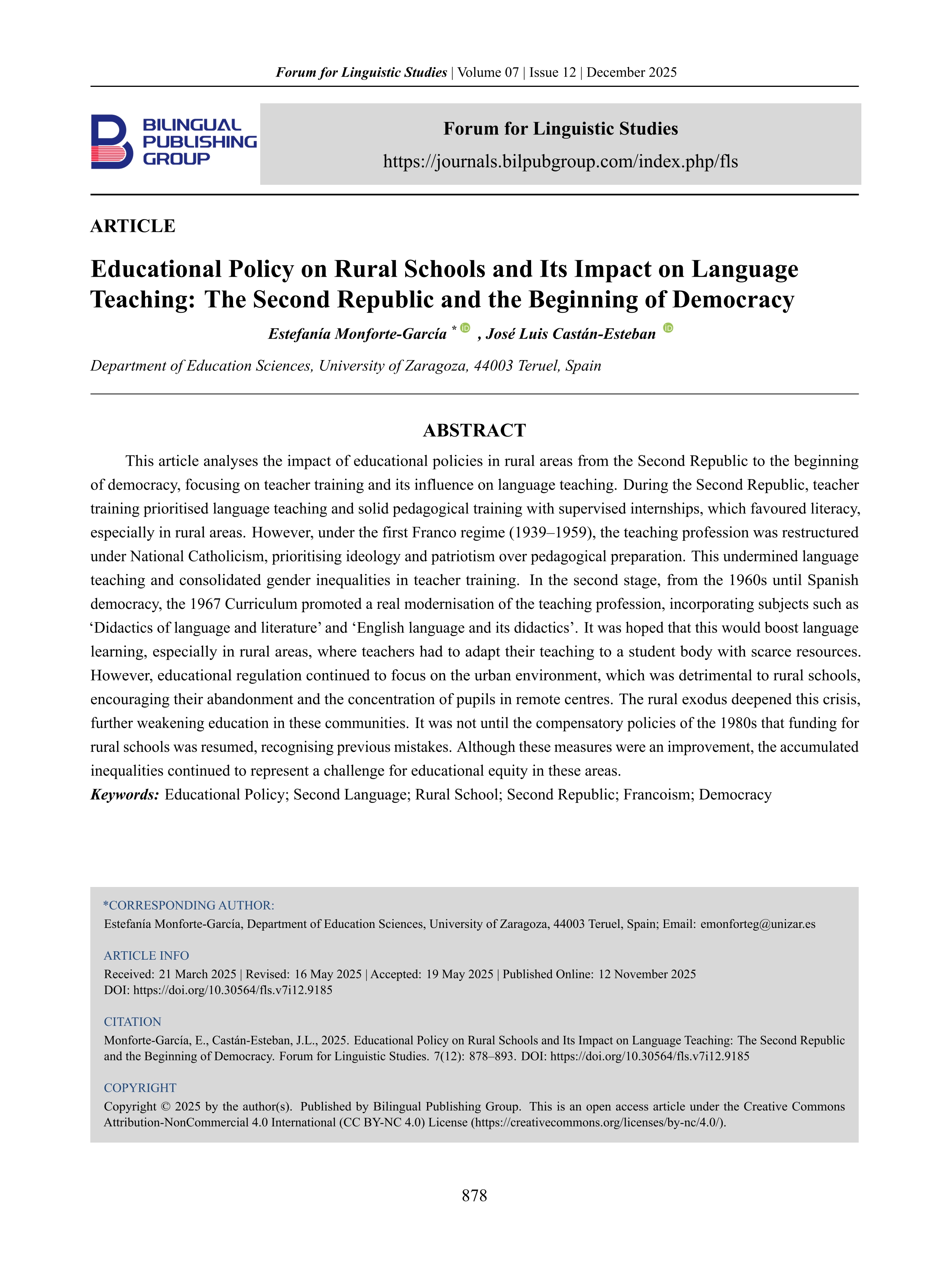Educational Policy on Rural Schools and Its Impact on Language Teaching: The Second Republic and the Beginning of Democracy