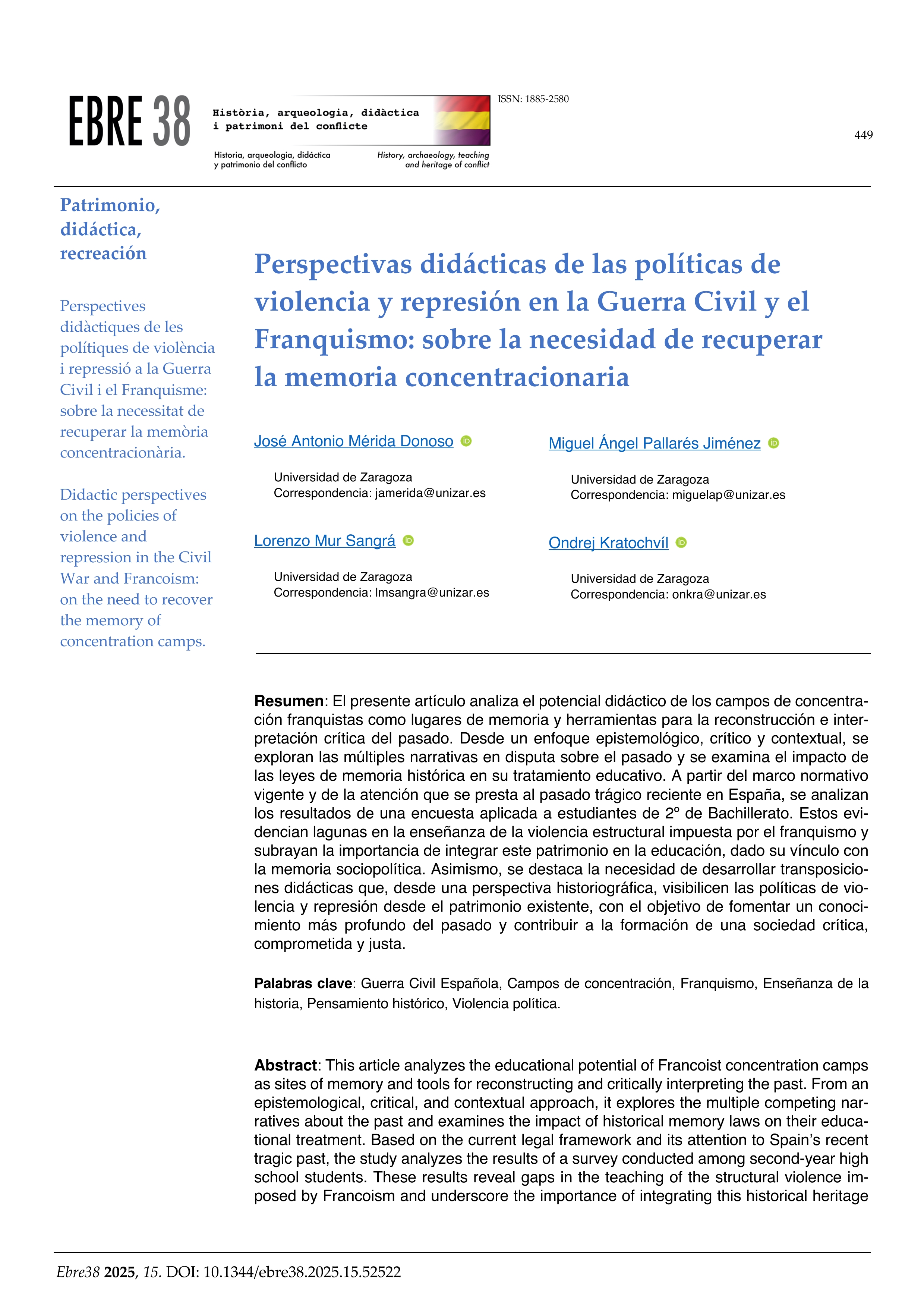 Perspectivas didácticas de las políticas de violencia y represión en la guerra civil y el franquismo: sobre la necesidad de recuperar la memoria concentratoria
