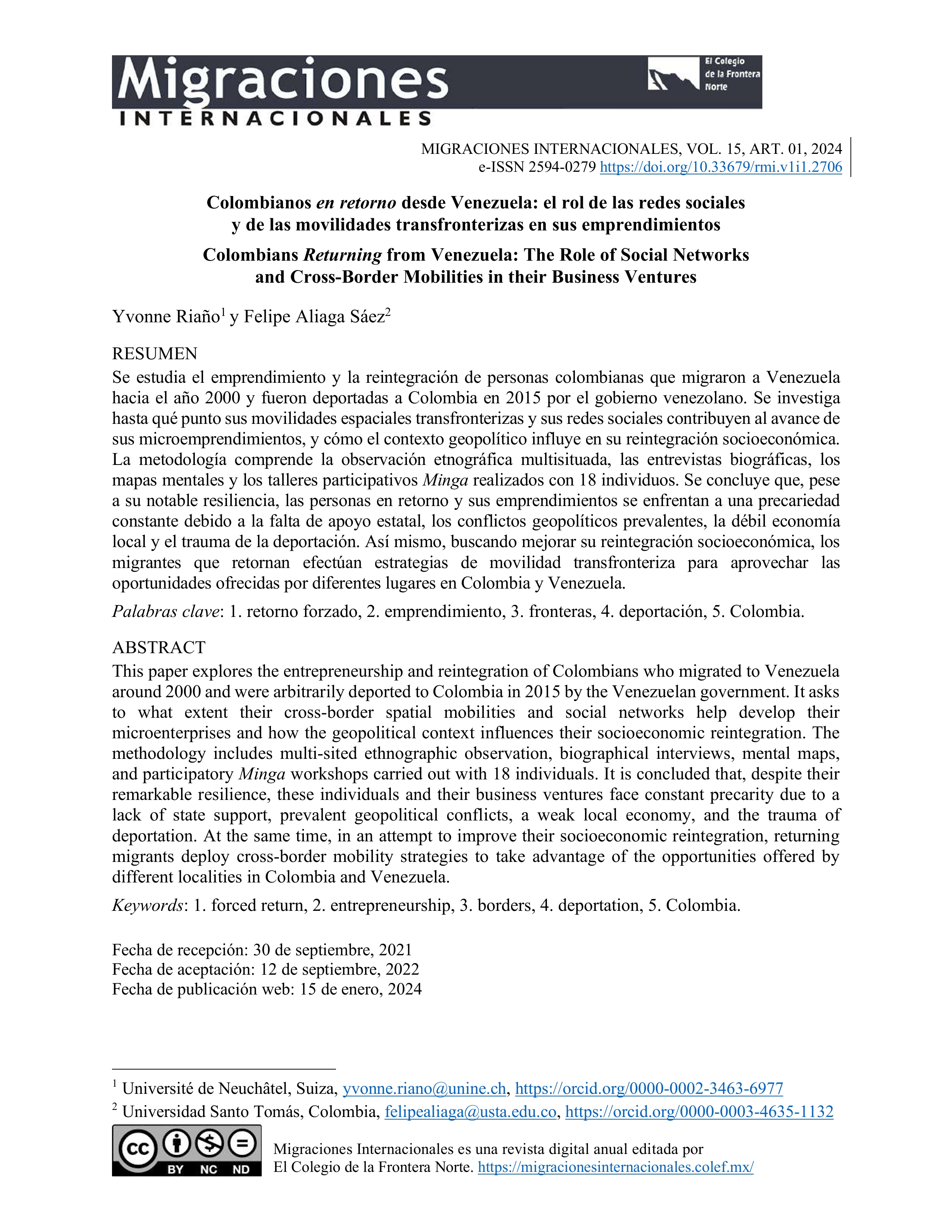 Colombianos en retorno desde Venezuela: el rol de las redes sociales y de las movilidades transfronterizas en sus emprendimientos