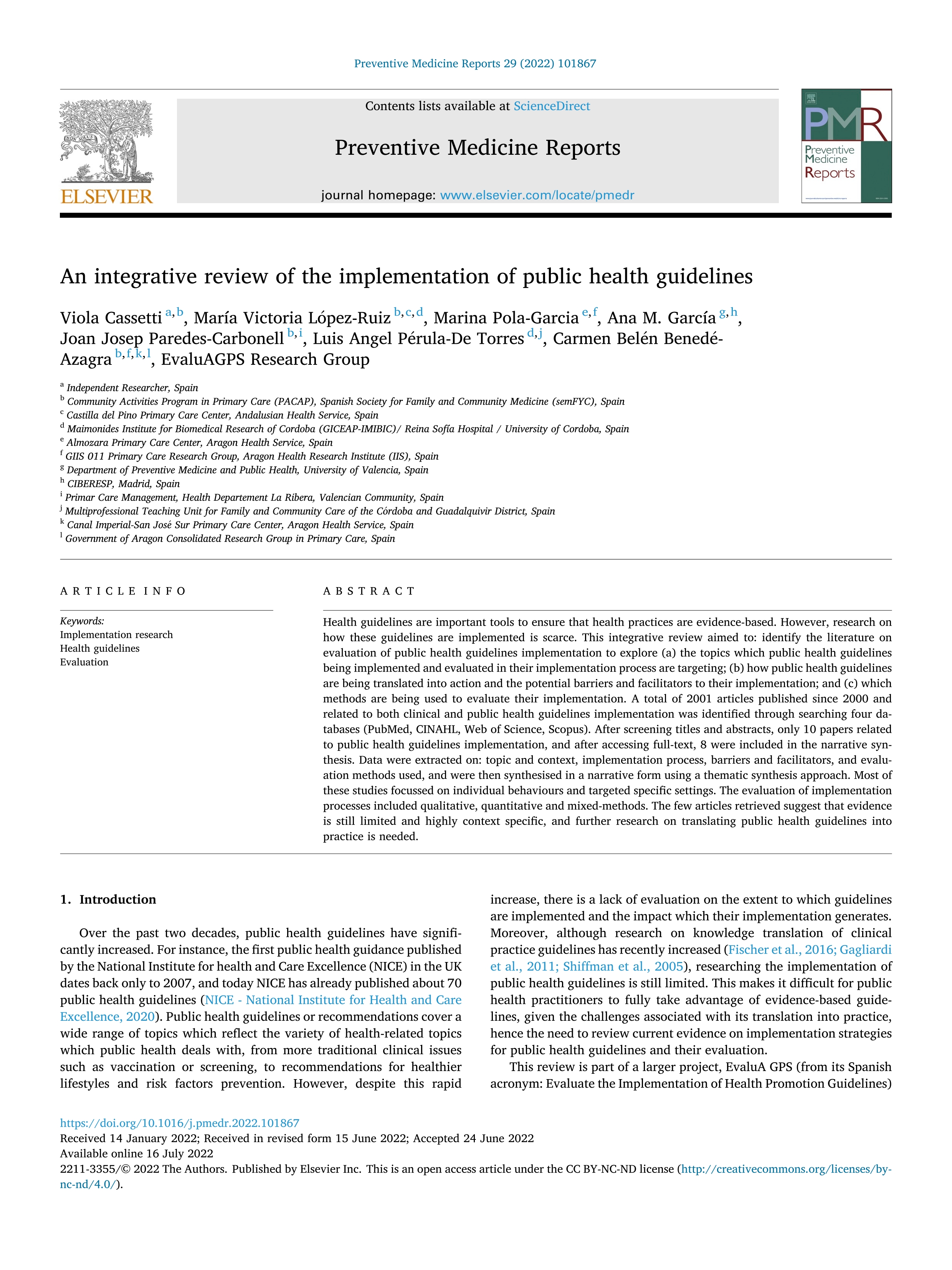 An integrative review of the implementation of public health guidelines