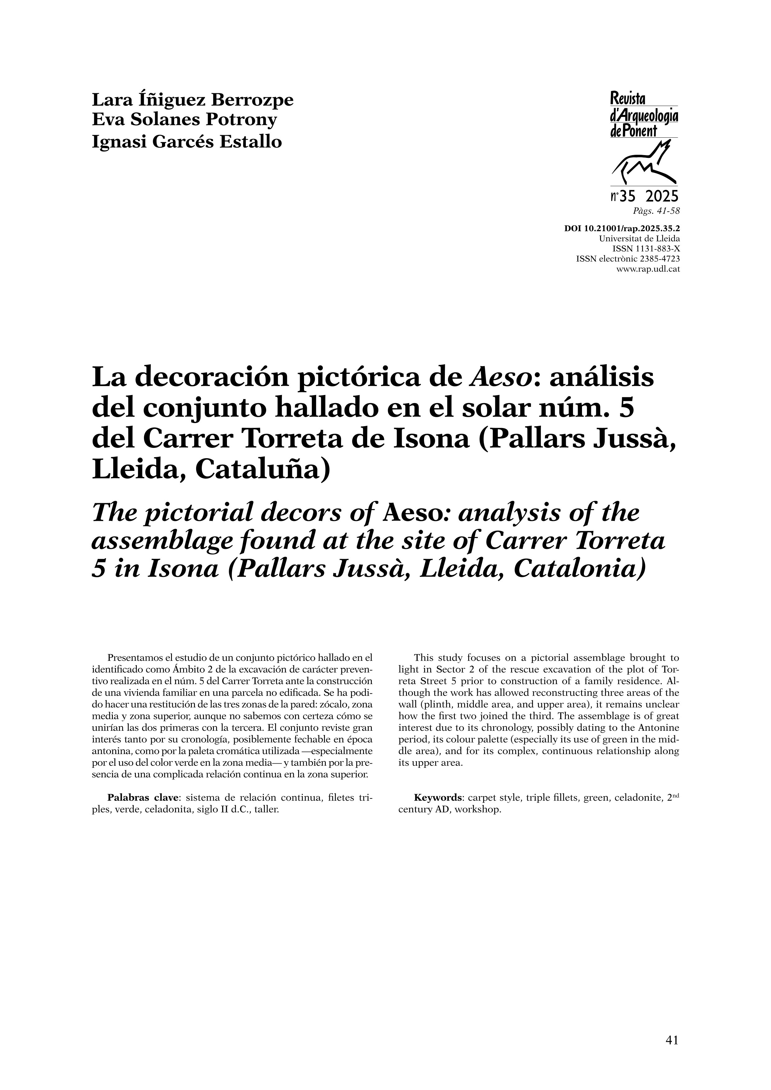 La decoración pictórica de Aeso: análisis del conjunto hallado en el solar núm. 5 del Carrer Torreta de Isona (Pallars Jussà, Lleida, Cataluña)