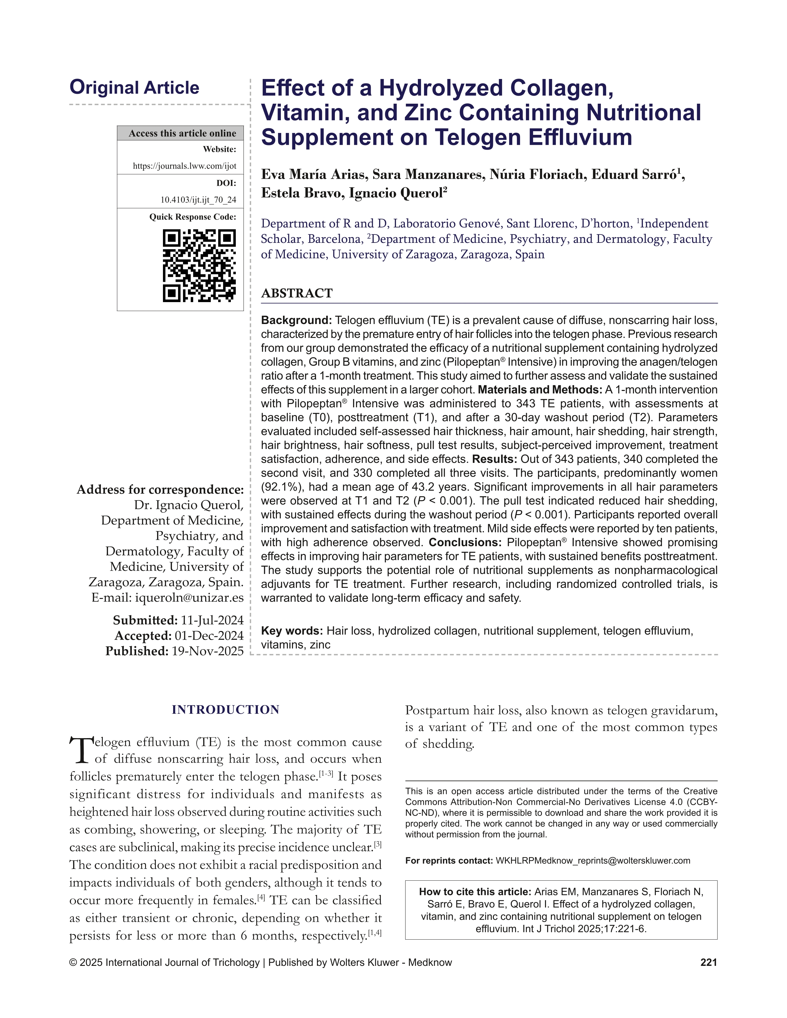 Effect of a Hydrolyzed Collagen, Vitamin, and Zinc Containing Nutritional Supplement on Telogen Effluvium