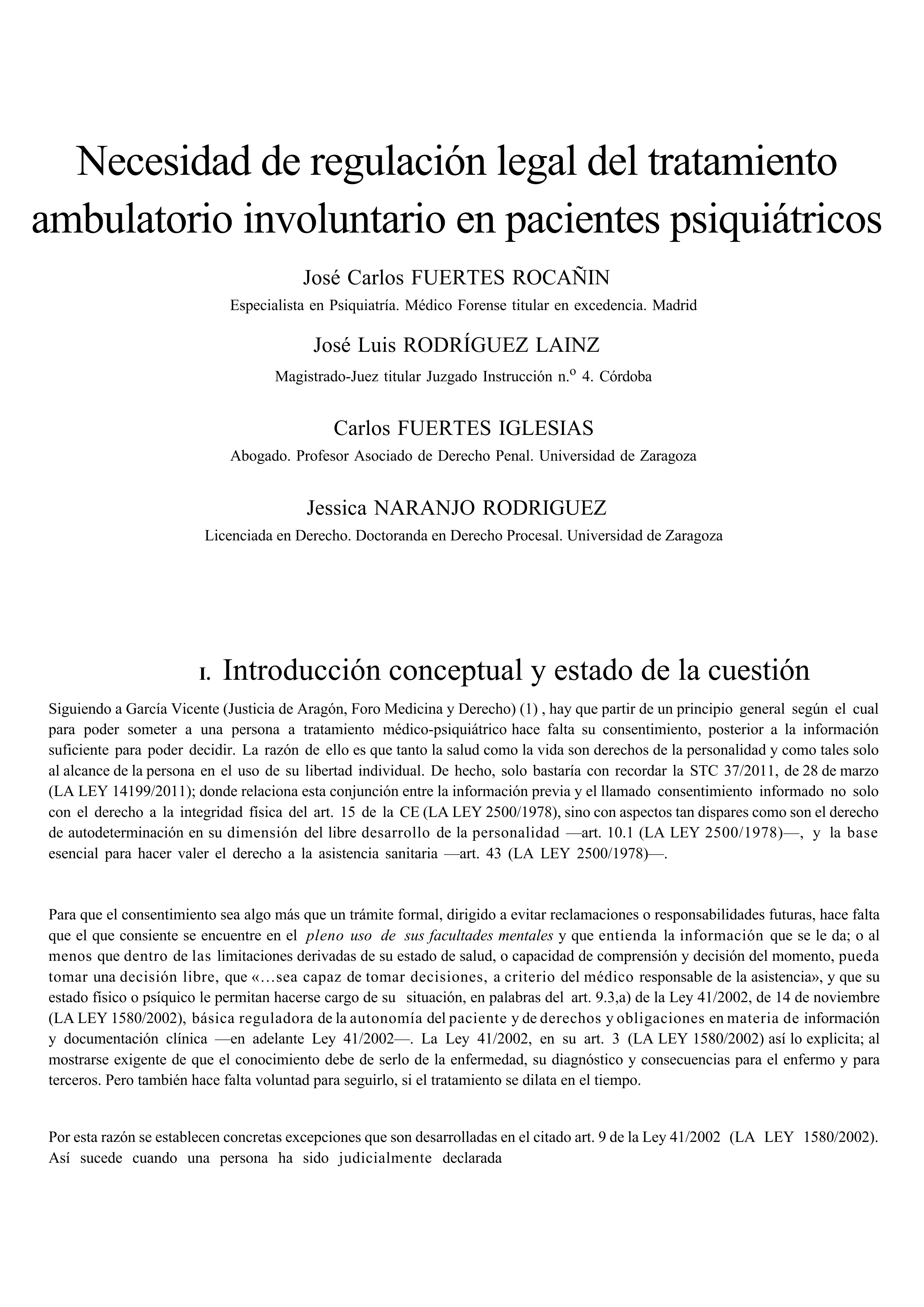 Necesidad de regulación legal del tratamiento ambulatorio involuntario en pacientes psiquiátricos