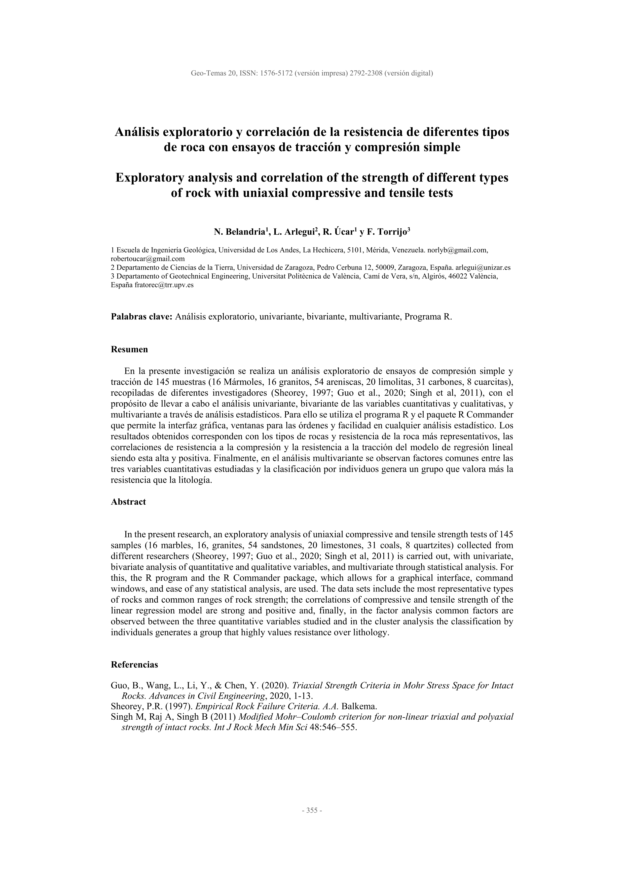 Análisis exploratorio y correlación de la resistencia de diferentes tipos de roca con ensayos de tracción y compresión simple