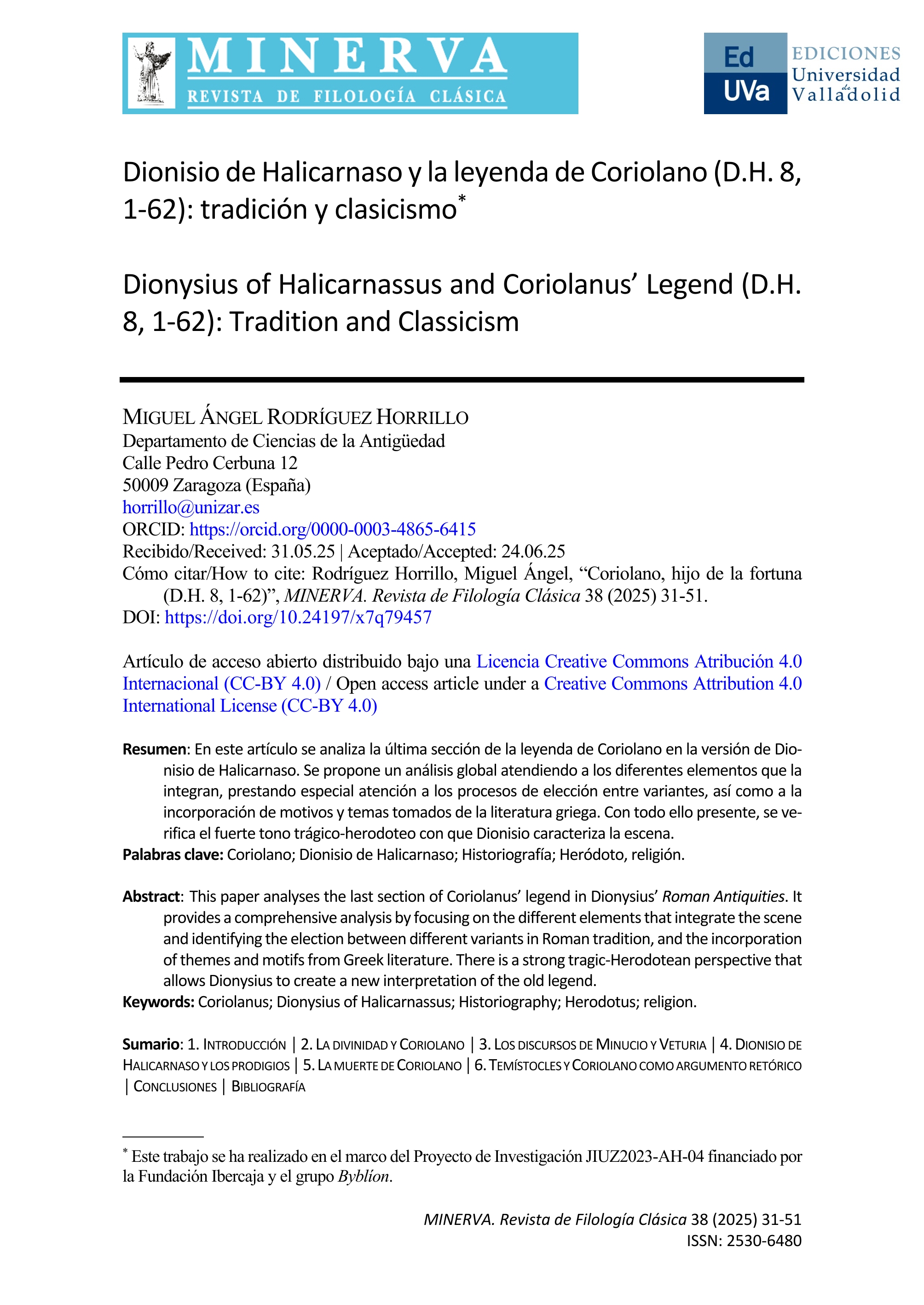 Dionisio de Halicarnaso y la leyenda de Coriolano (D.H. 8, 1-62): tradición y clasicismo