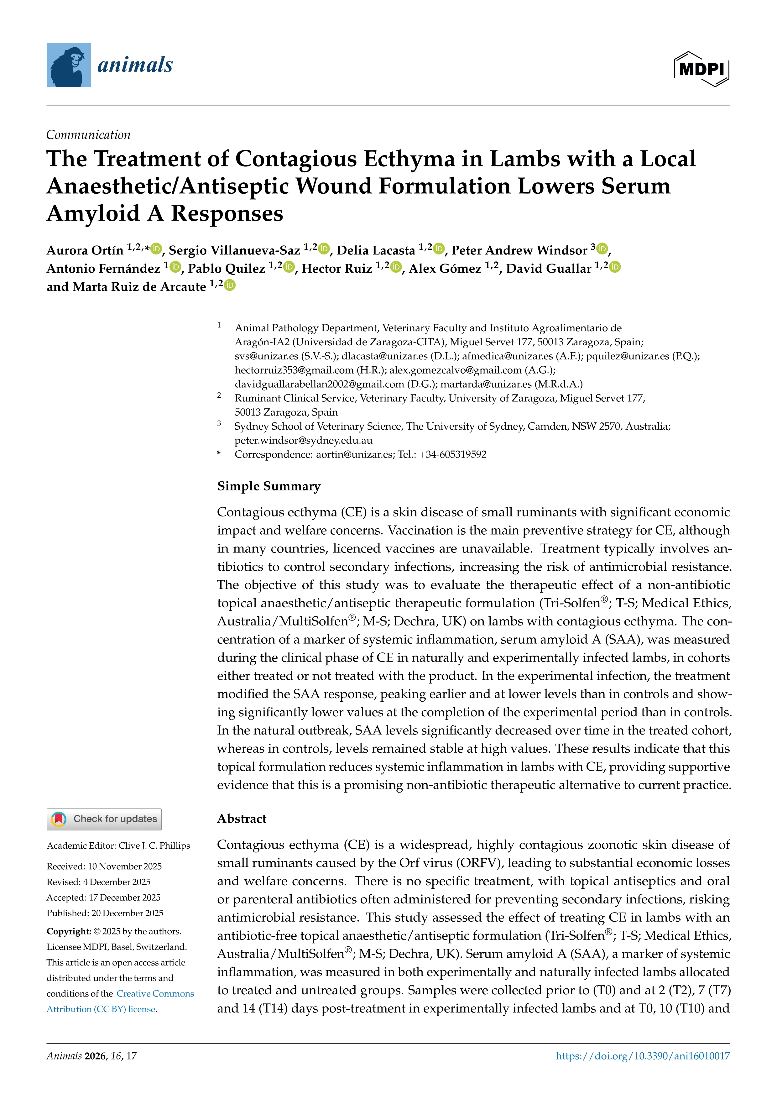 The treatment of contagious ecthyma in lambs with a local anaesthetic/antiseptic wound formulation lowers serum amyloid a responses