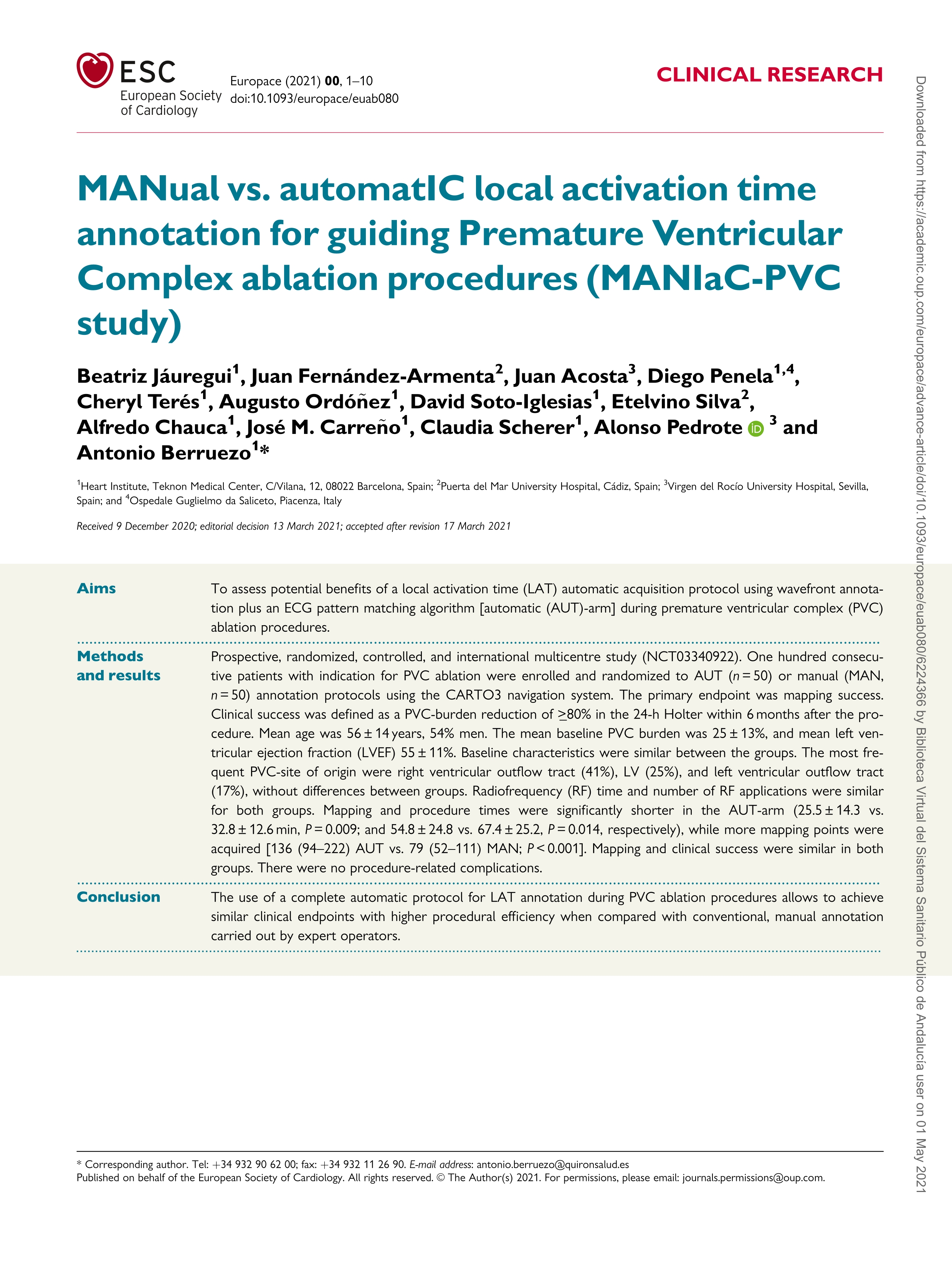 MANual vs. automatIC local activation time annotation for guiding Premature Ventricular Complex ablation procedures (MANIaC-PVC study).