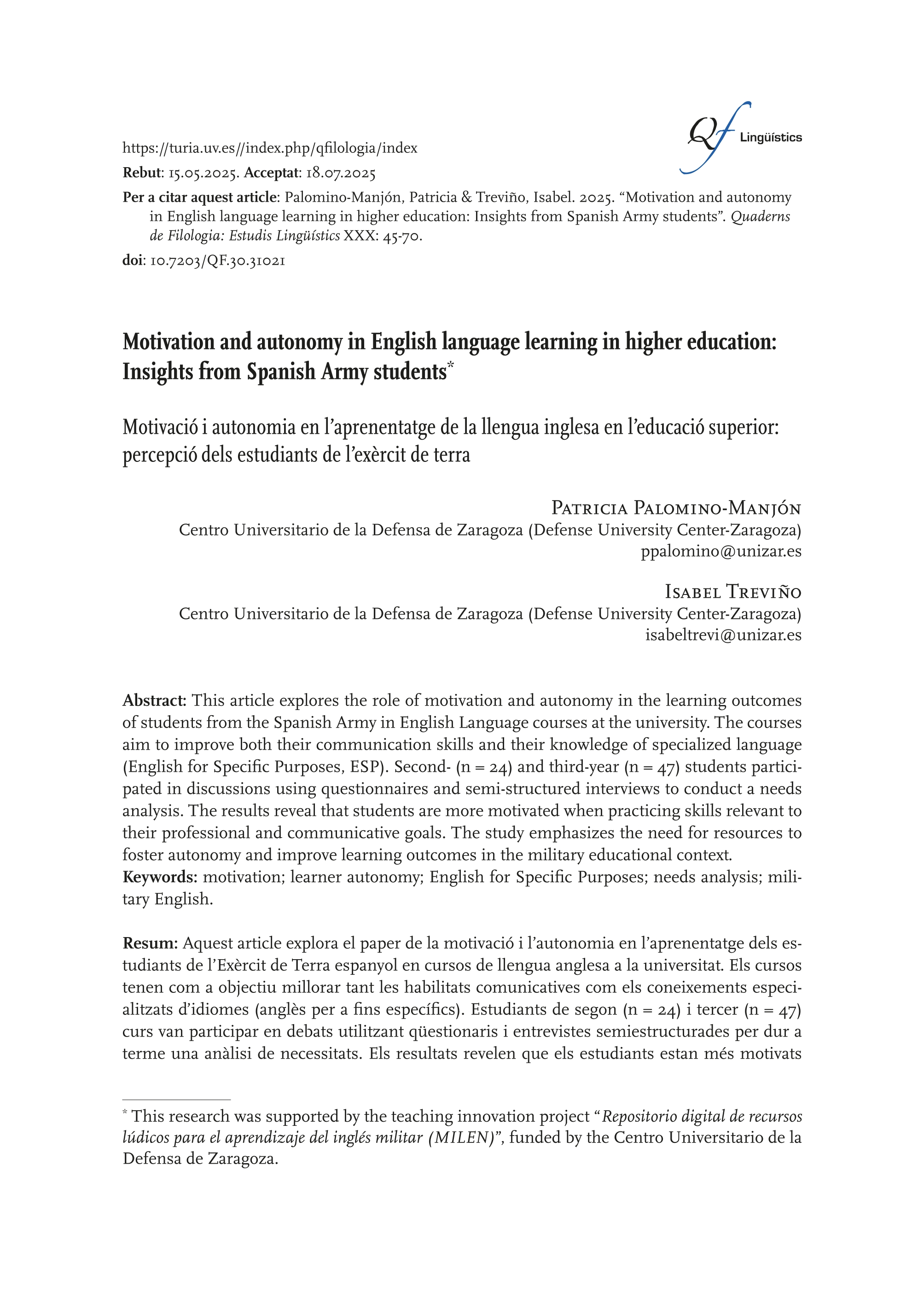 Motivation and autonomy in English language learning in higher education: Insights from Spanish Army students
