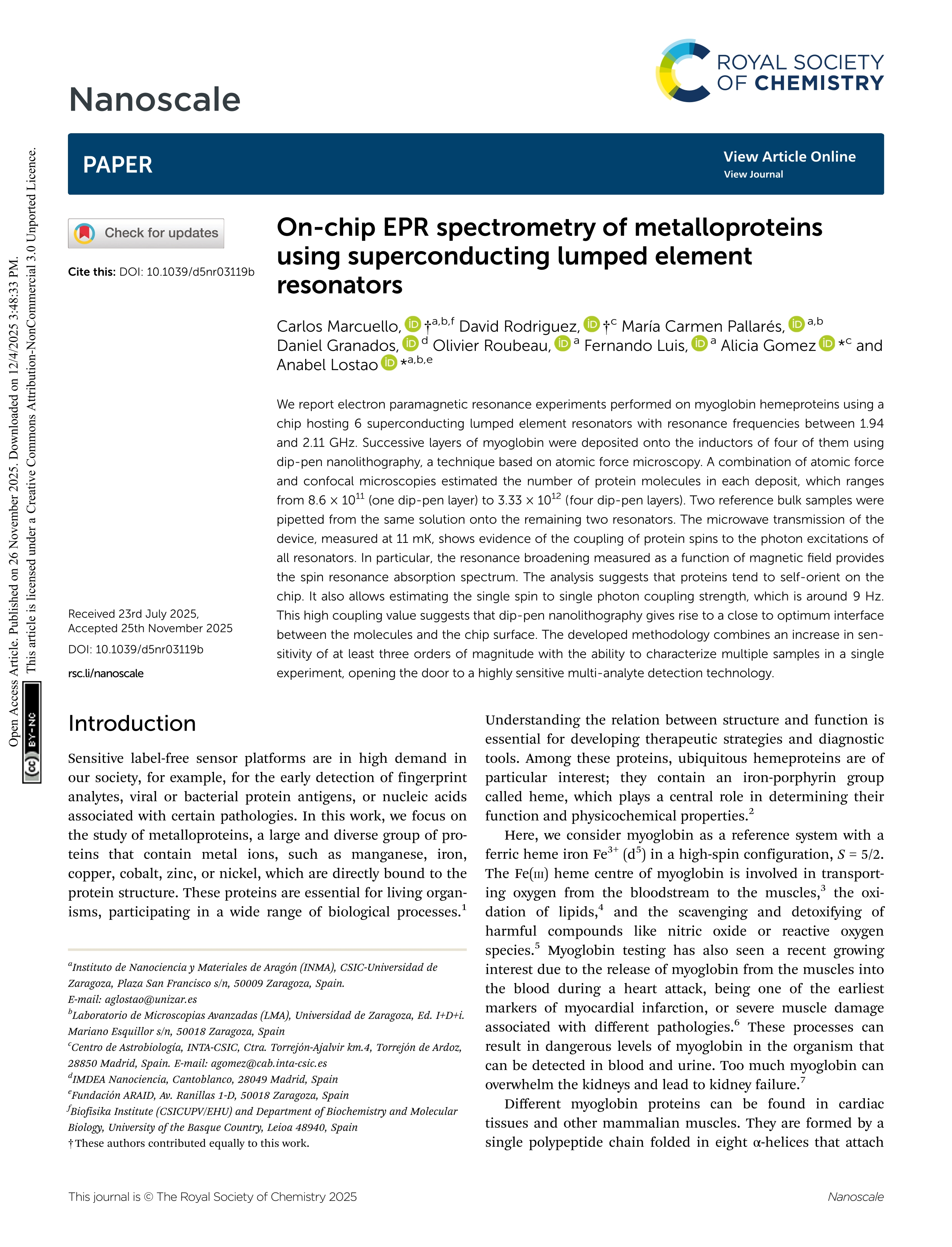 On-chip EPR spectrometry of metalloproteins using superconducting lumped element resonators