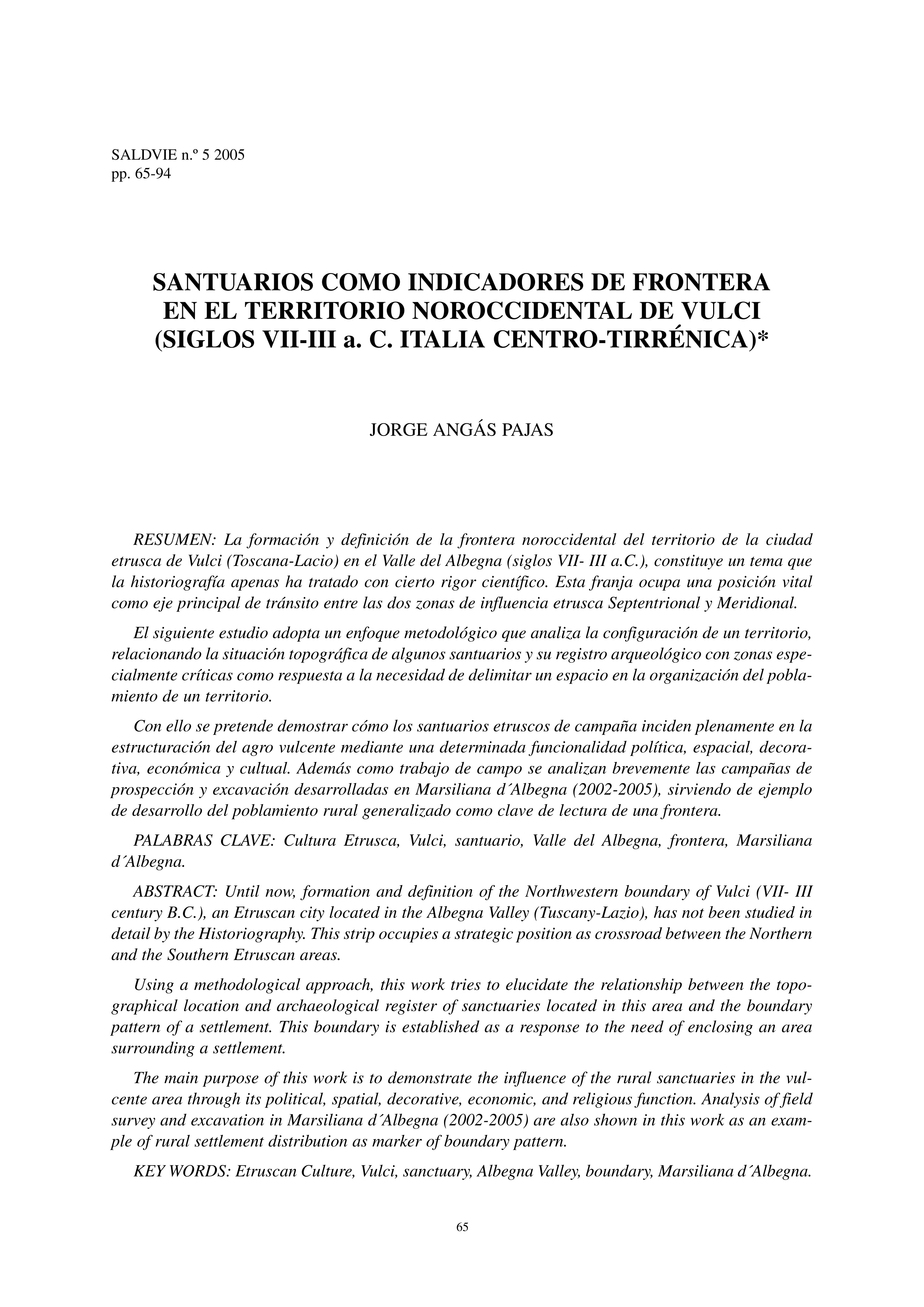 Santuarios como indicadores de frontera en el territorio noroccidental de Vulci (siglos VII-III a.C. Italia centro-tirrénica)
