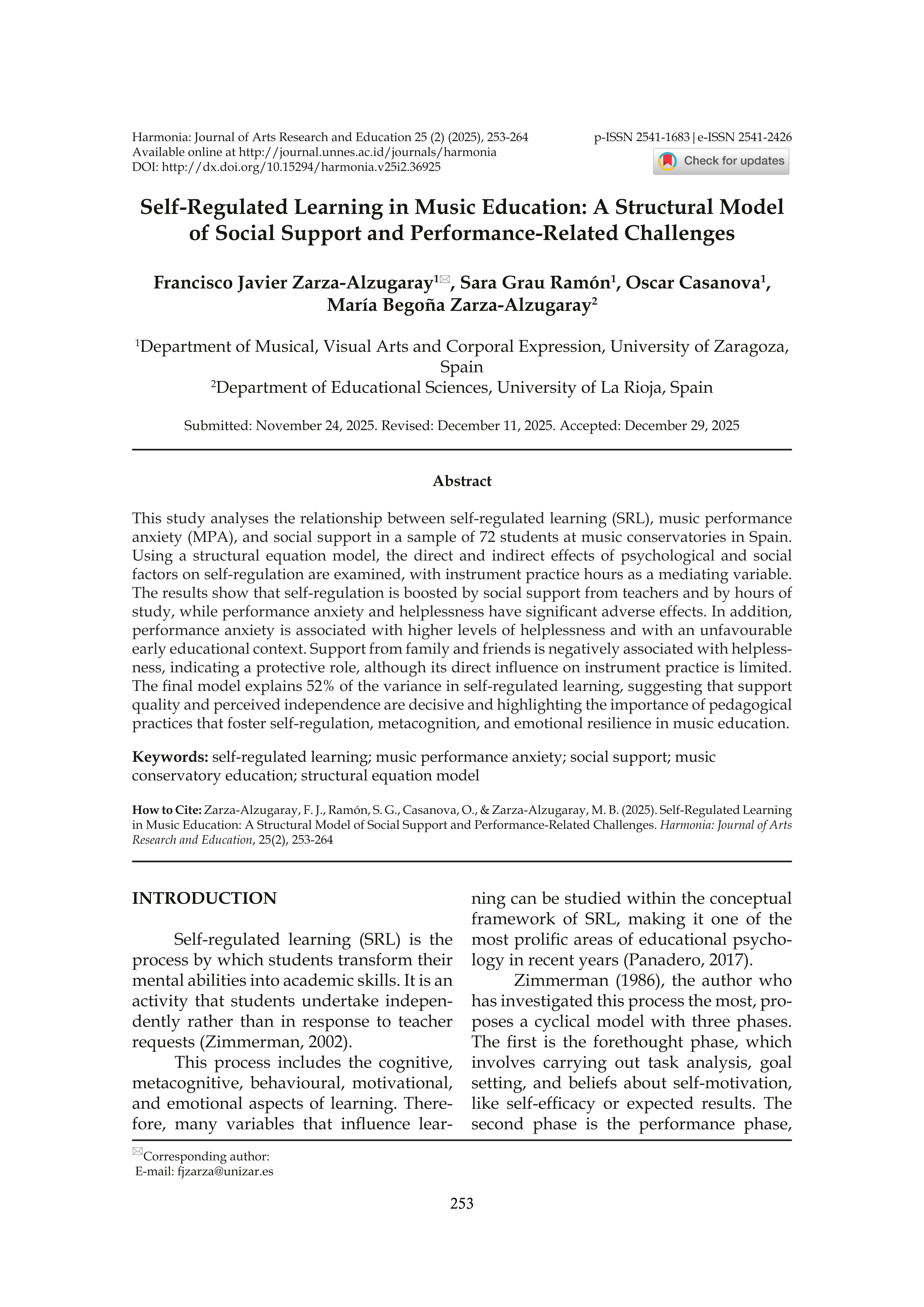 Self-Regulated Learning in Music Education: A Structural Model of Social Support and Performance-Related Challenges