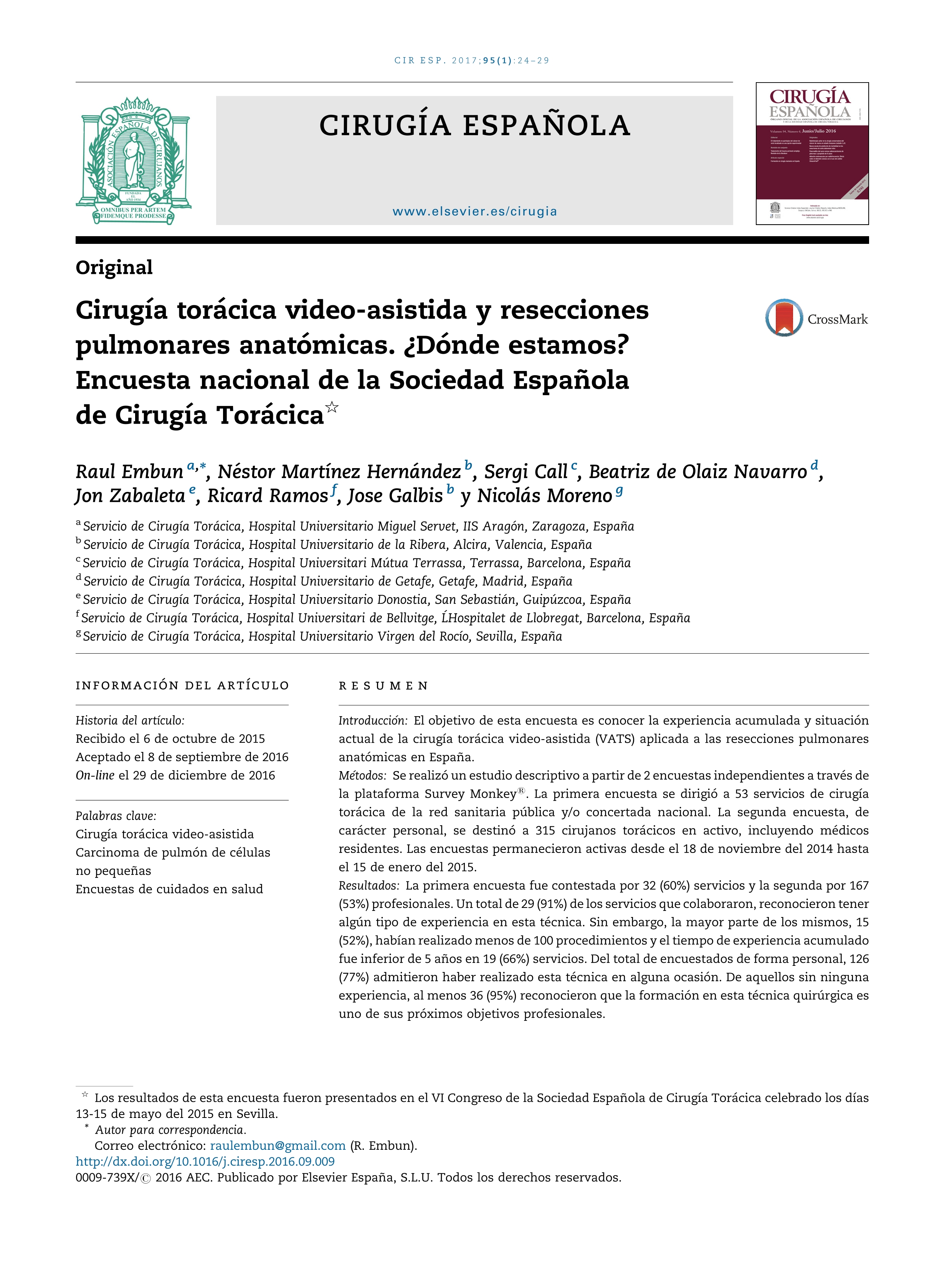 Cirugía torácica video-asistida y resecciones pulmonares anatómicas. ¿Dónde estamos? Encuesta nacional de la Sociedad Española de Cirugía Torácica