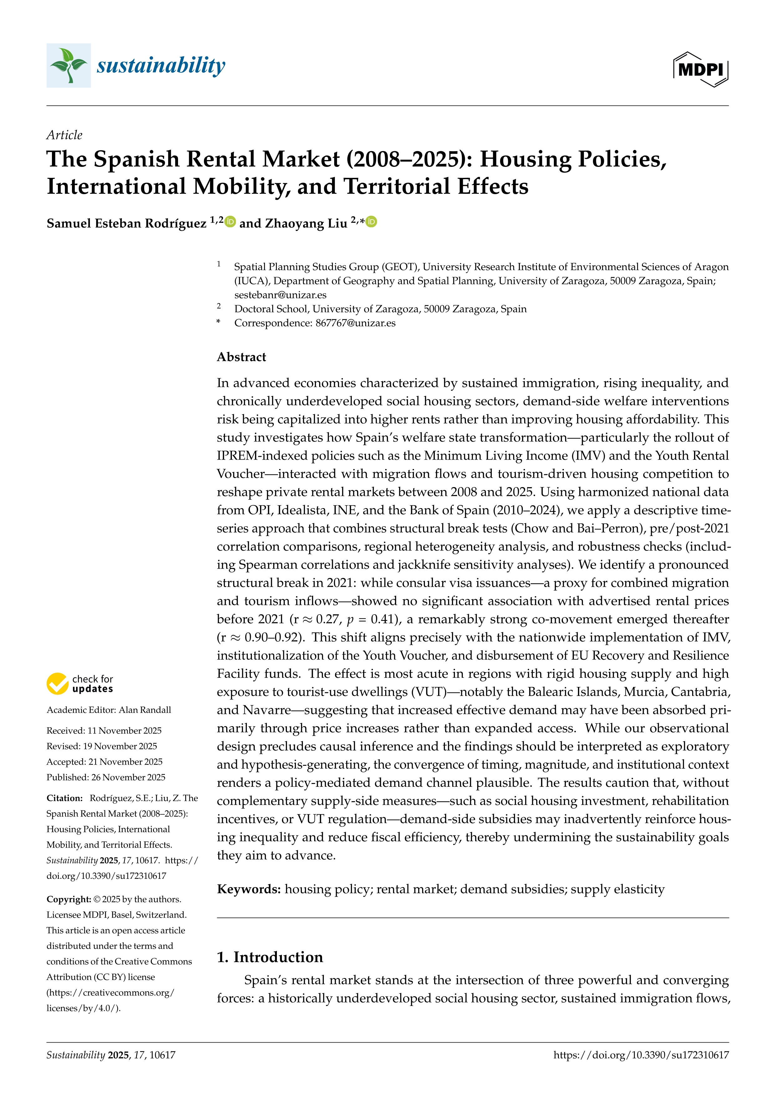 The Spanish Rental Market (2008–2025): Housing Policies, International Mobility, and Territorial Effects
