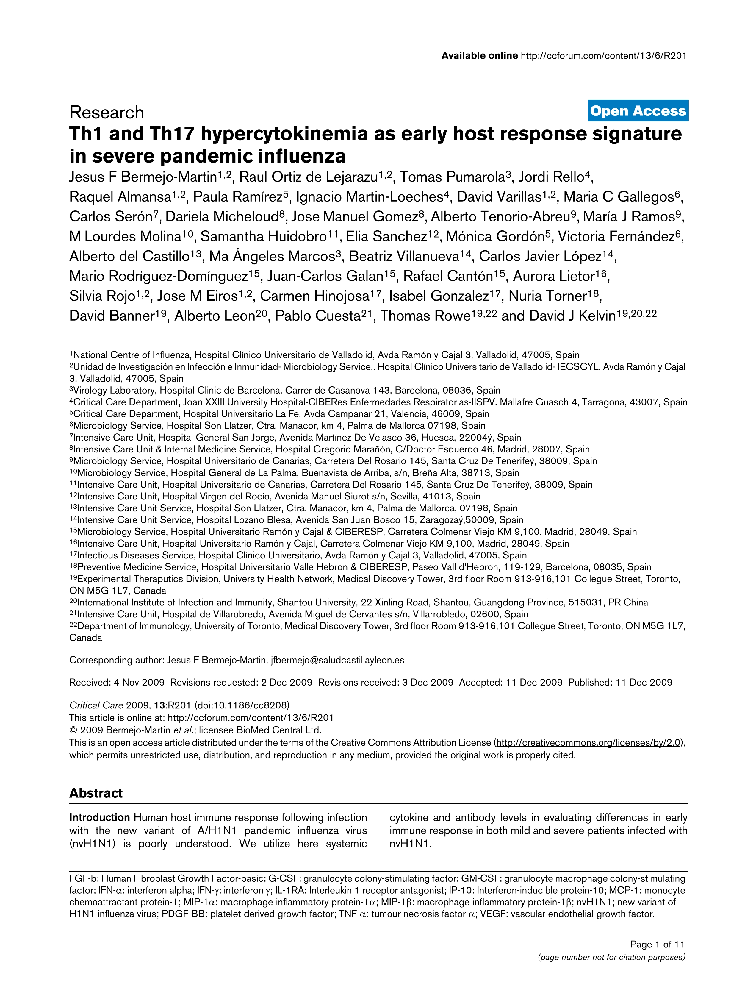 Th1 and Th17 hypercytokinemia as early host response signature in severe pandemic influenza