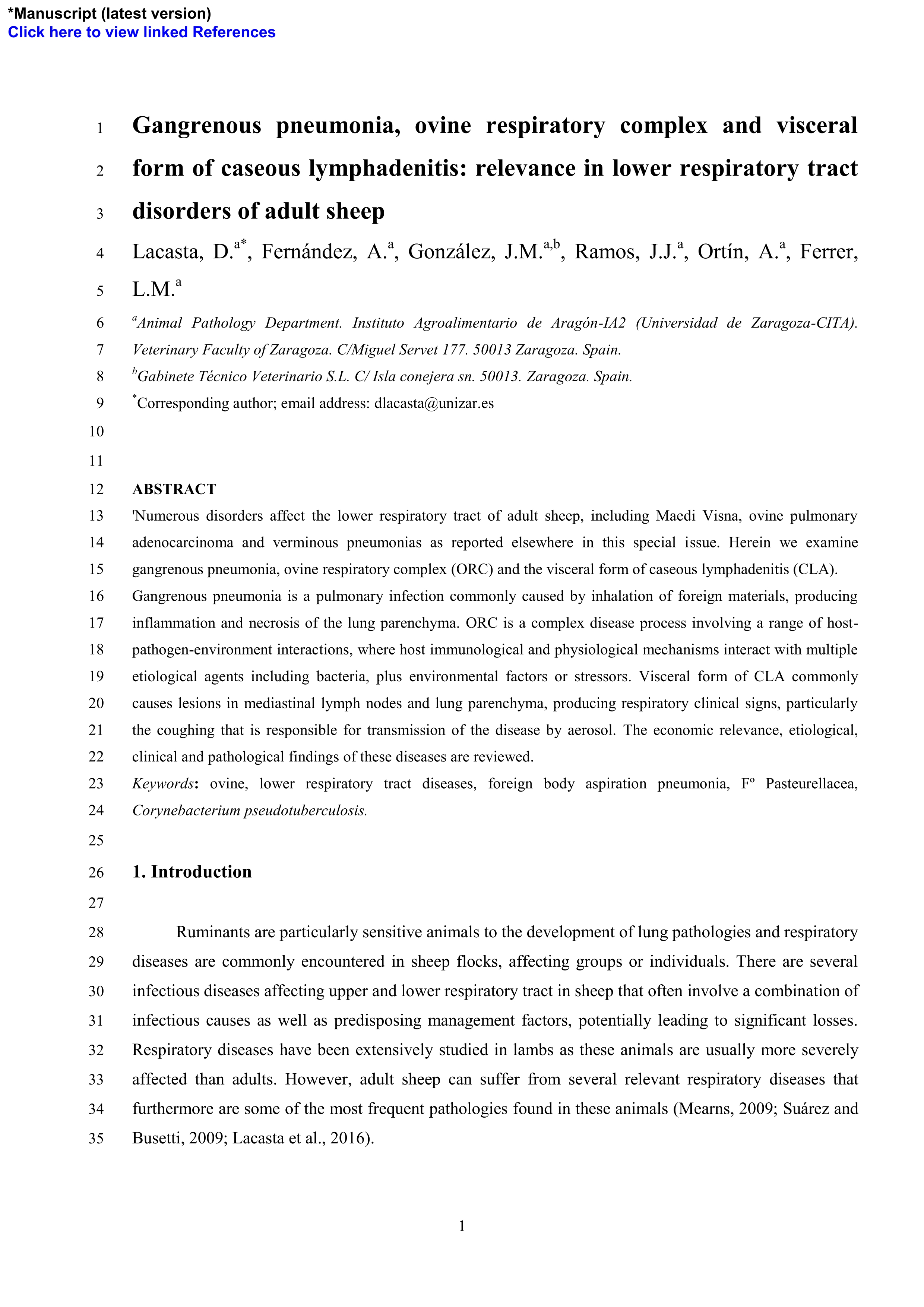 Gangrenous pneumonia, ovine respiratory complex and visceral form of caseous lymphadenitis: Relevance in lower respiratory tract disorders of adult sheep