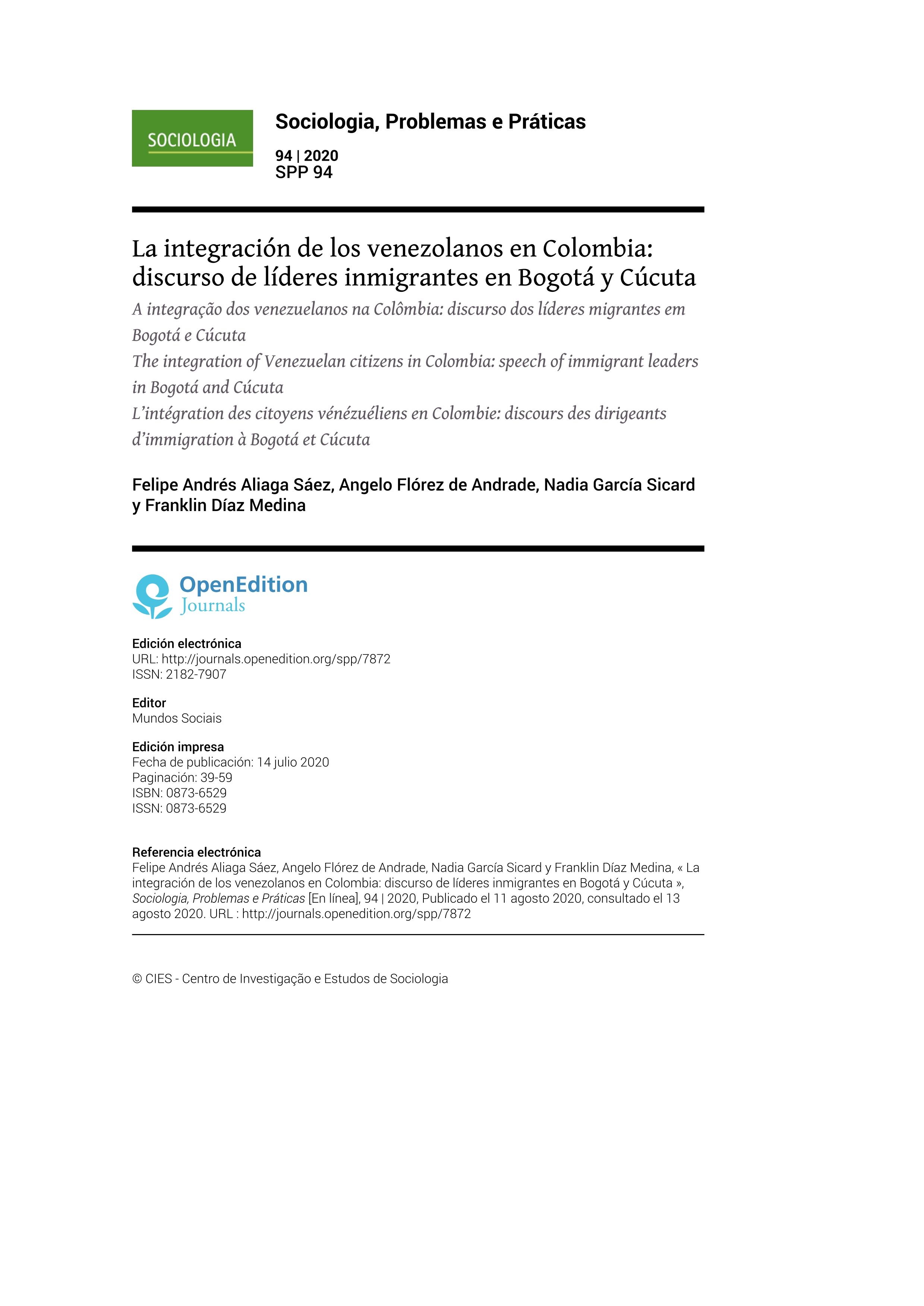 La integración de los venezolanos en Colombia: discurso de líderes inmigrantes en Bogotá y Cúcuta