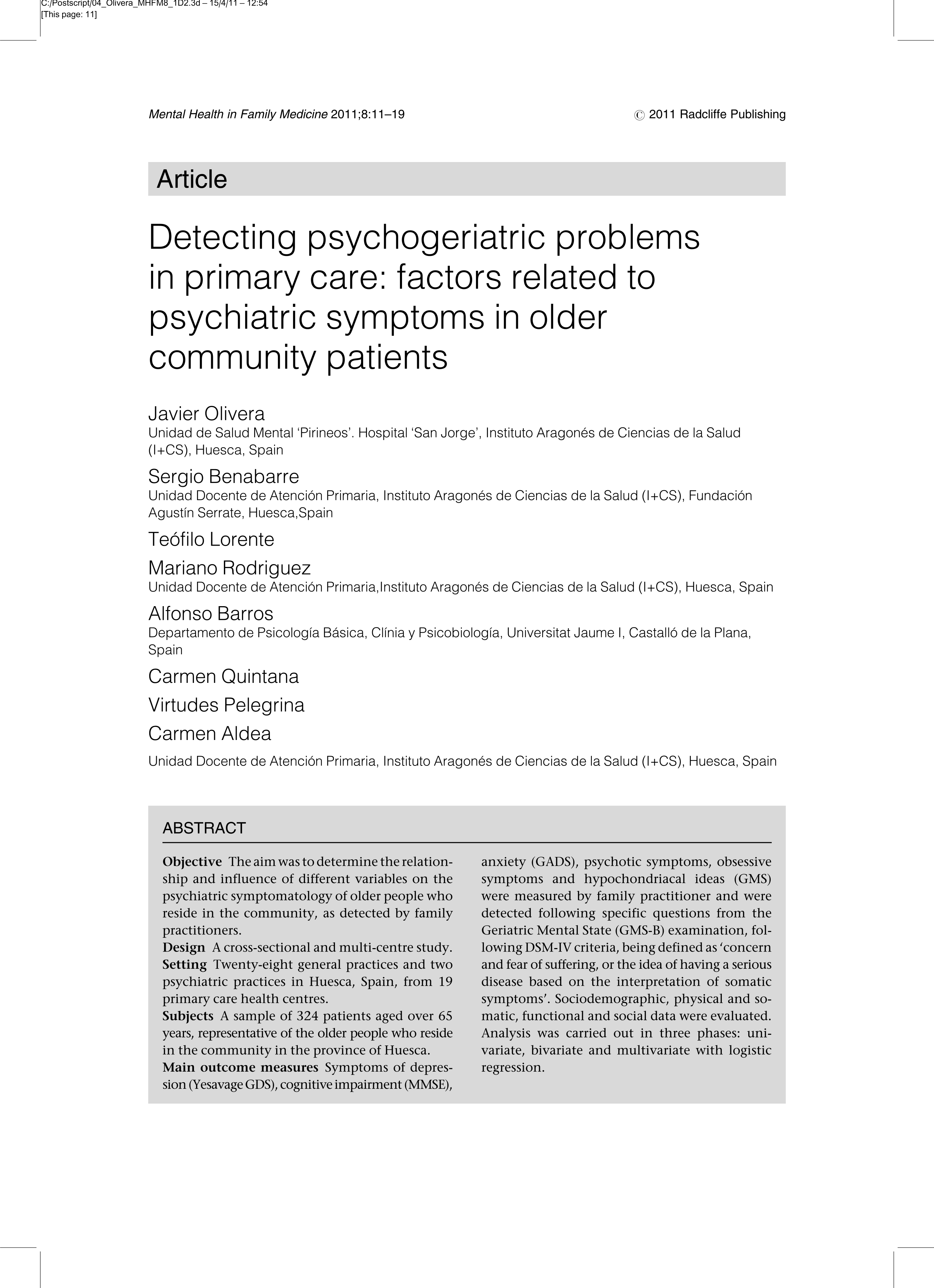 Detecting psychogeriatric problems in primary care: Factors related to psychiatric symptoms in older community patients