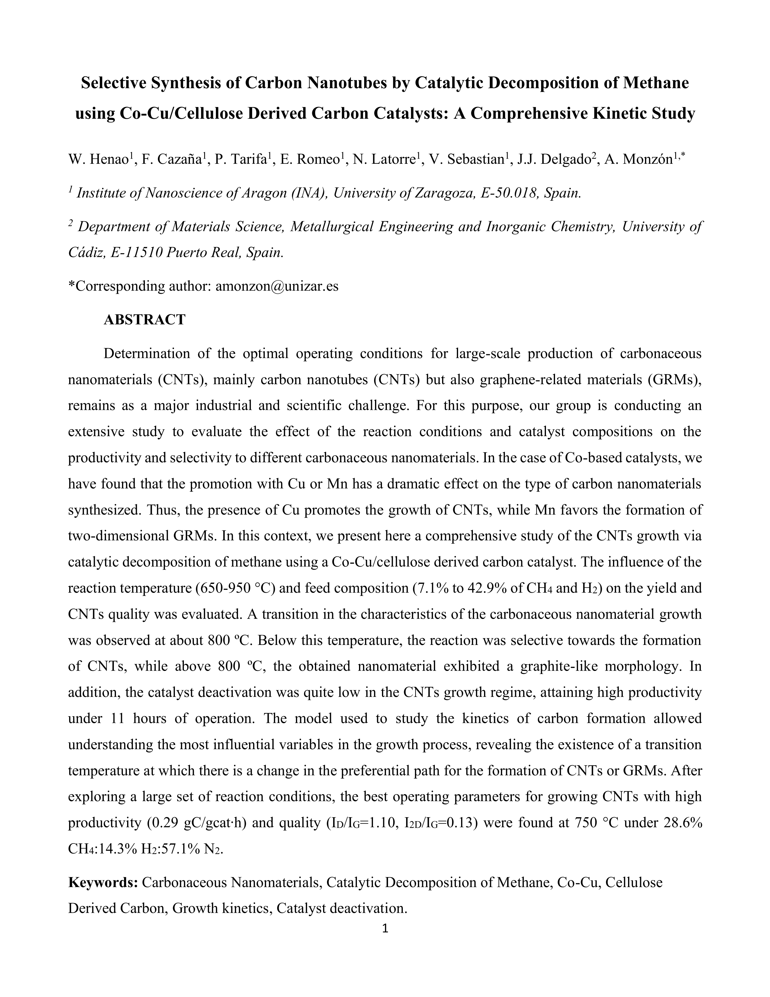 Selective synthesis of carbon nanotubes by catalytic decomposition of methane using Co-Cu/cellulose derived carbon catalysts: A comprehensive kinetic study