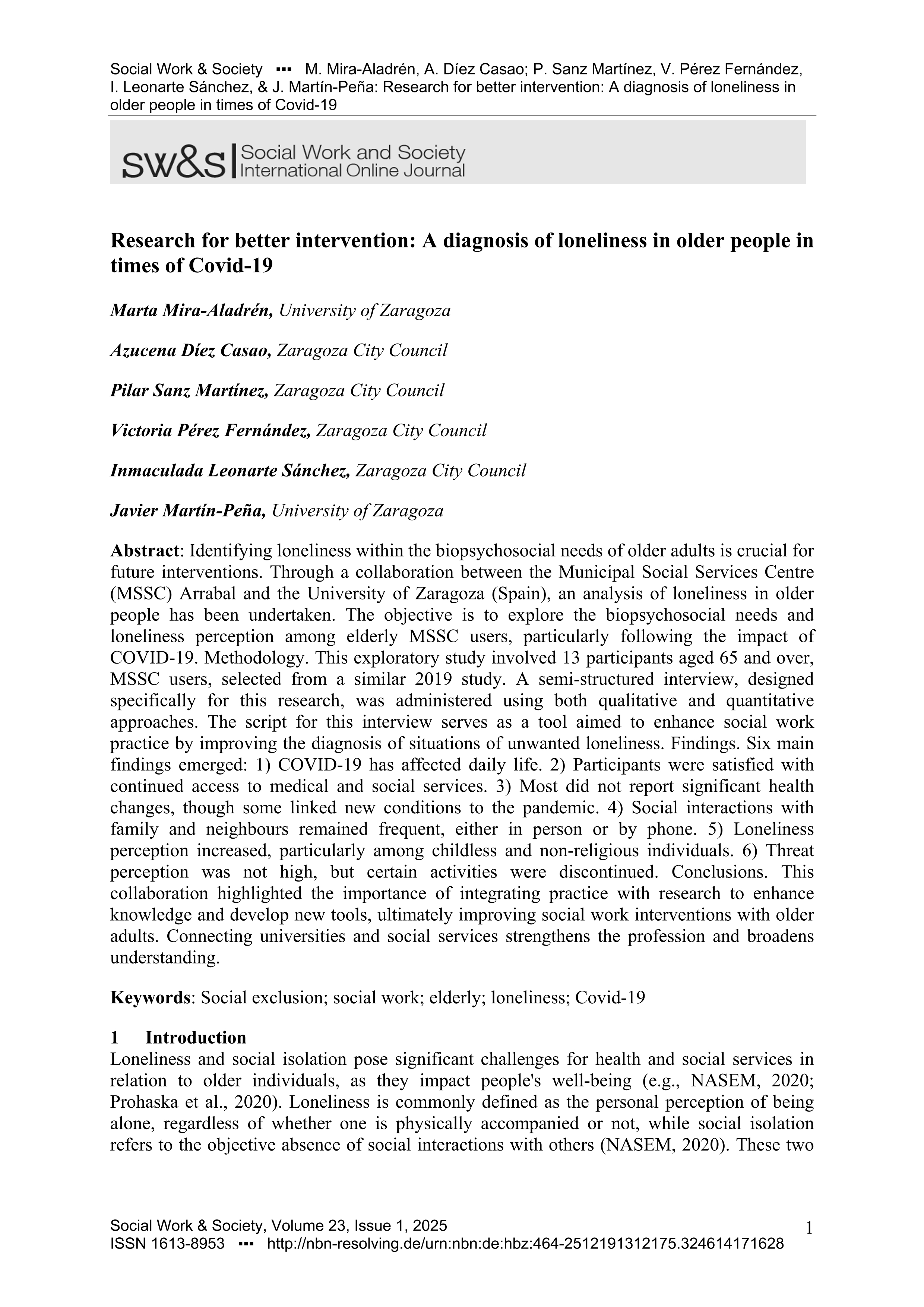 Research for better intervention: A diagnosis of loneliness in older people in times of Covid-19