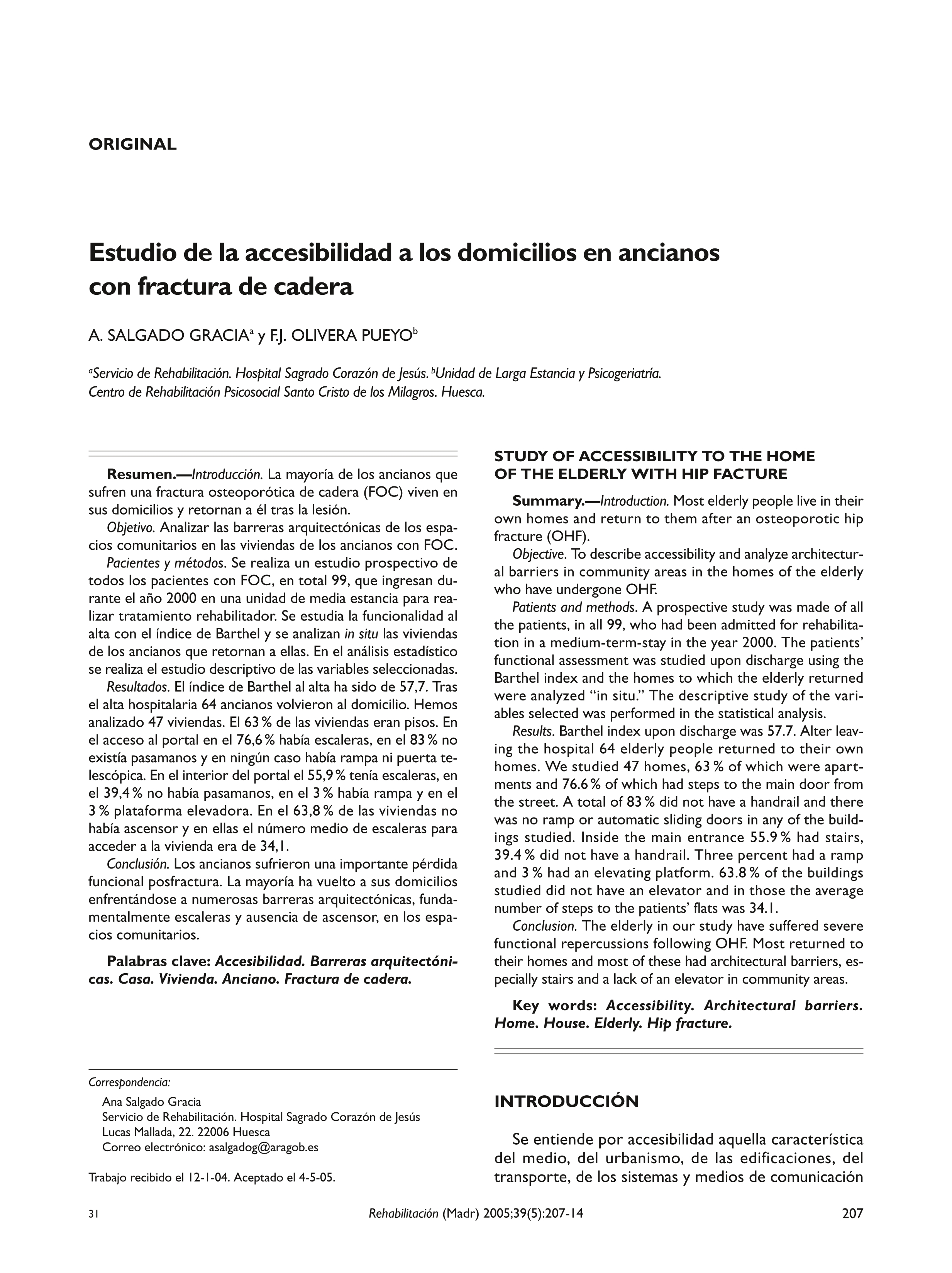 Estudio de la accesibilidad a los domicilios en ancianos con fractura de cadera