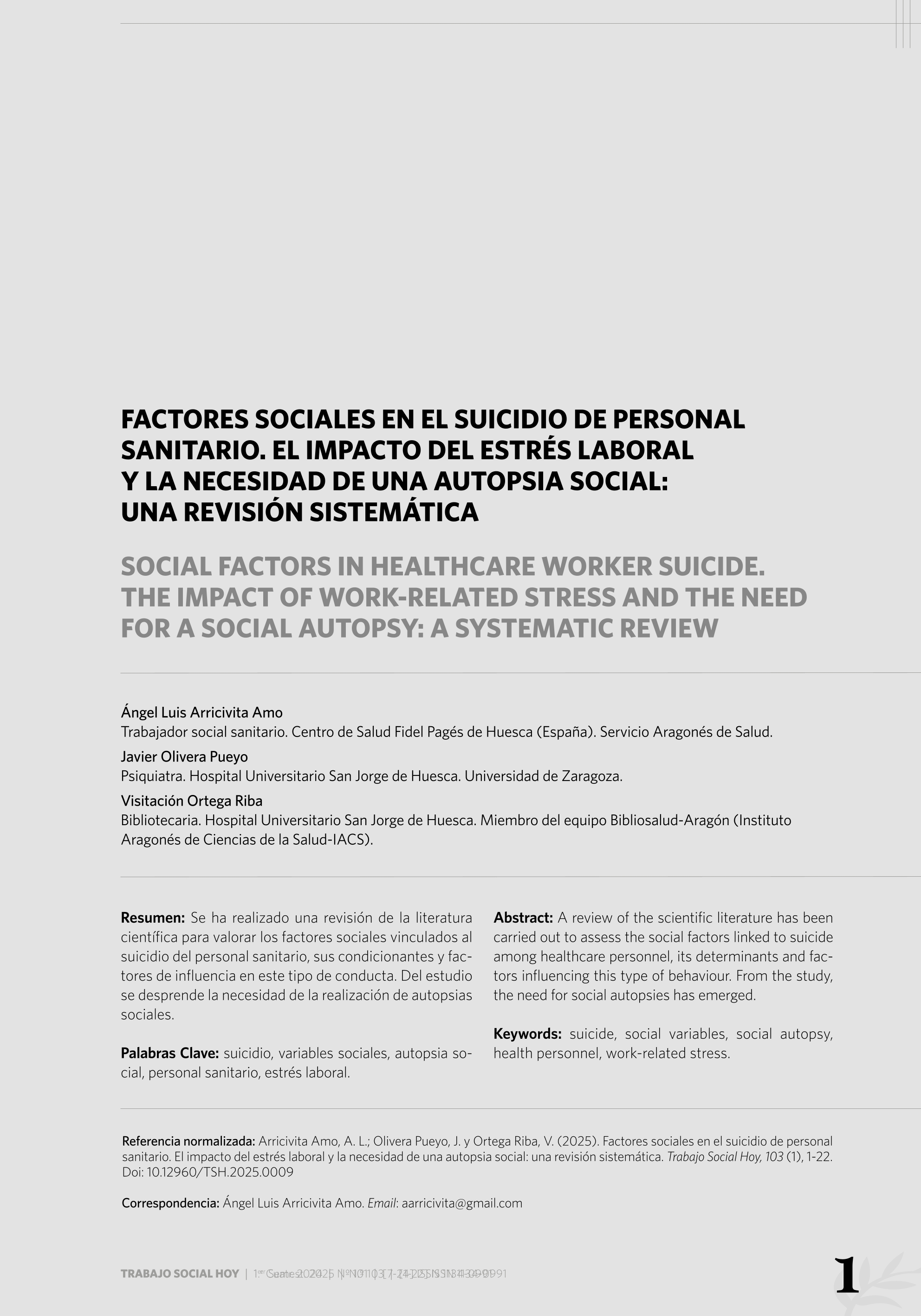 Factores sociales en el suicidio de personal sanitario. El impacto del estrés laboral y la necesidad de una autopsia social: una revisión sistemática