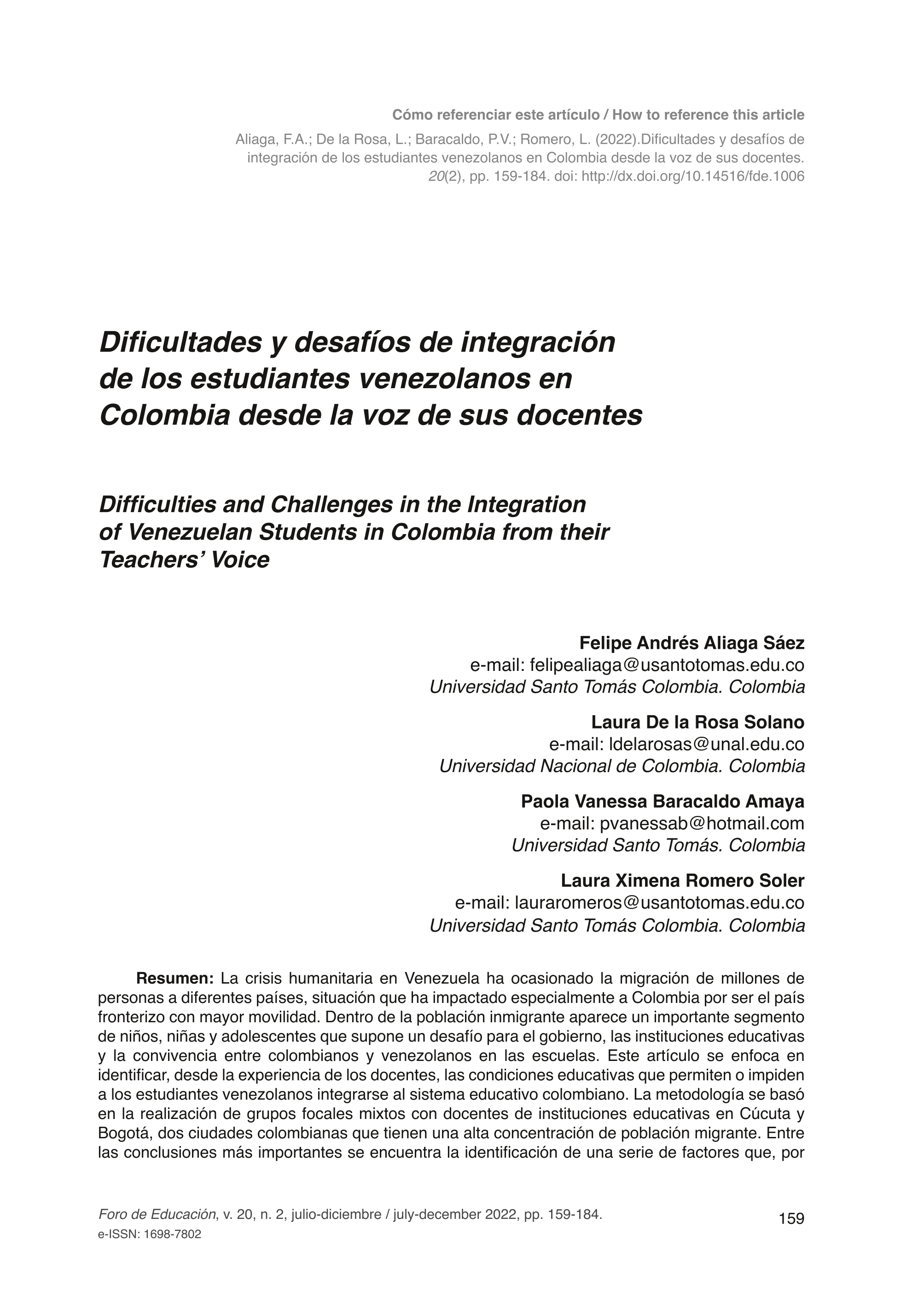 Dificultades y desafíos de integración de los estudiantes venezolanos en Colombia desde la voz de sus docentes