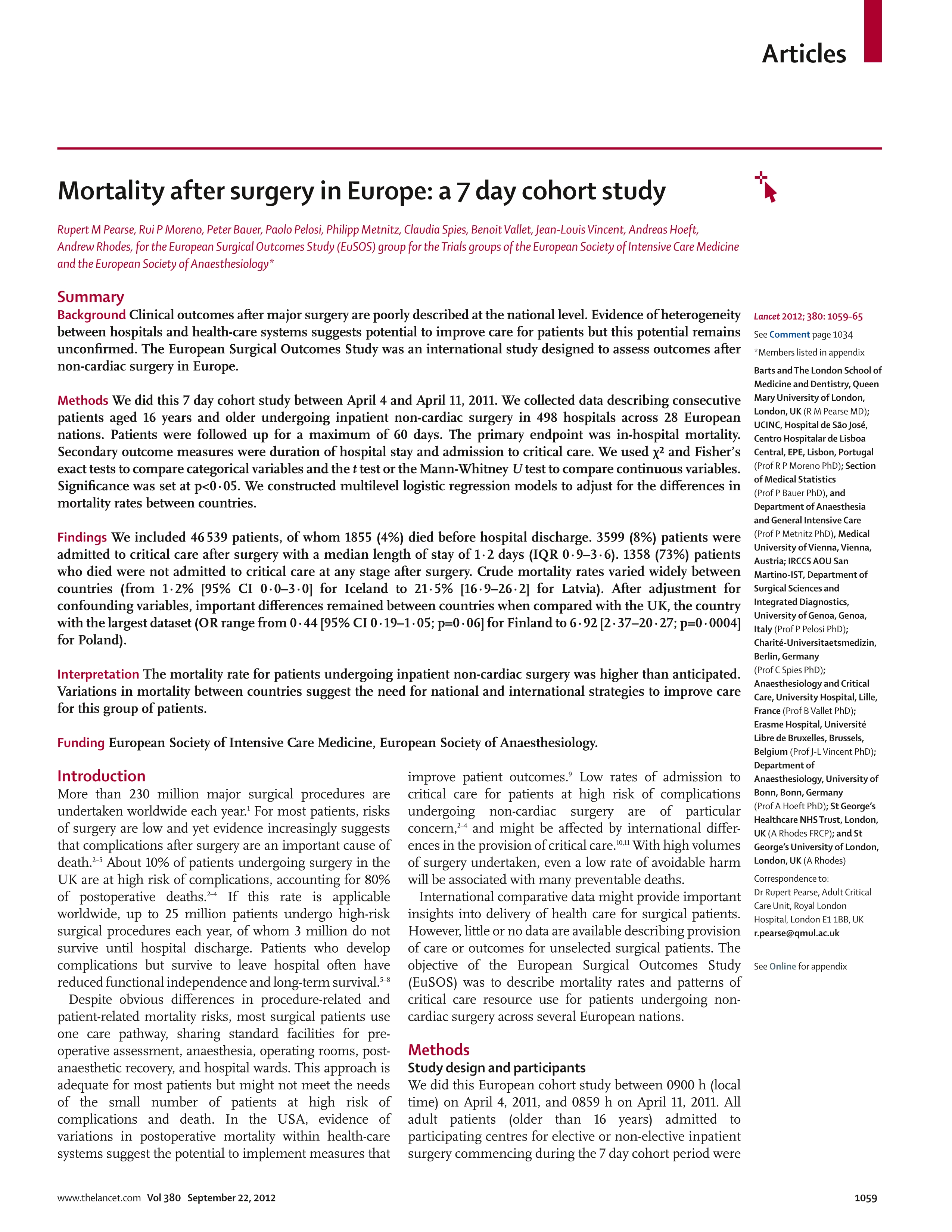 Mortality after surgery in Europe: a 7 day cohort study